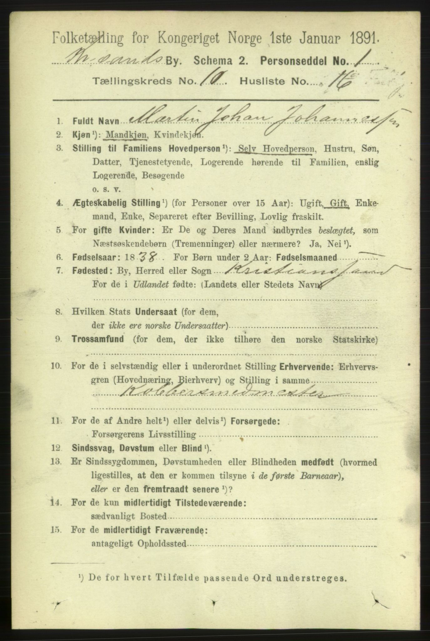 RA, 1891 census for 1001 Kristiansand, 1891, p. 5558