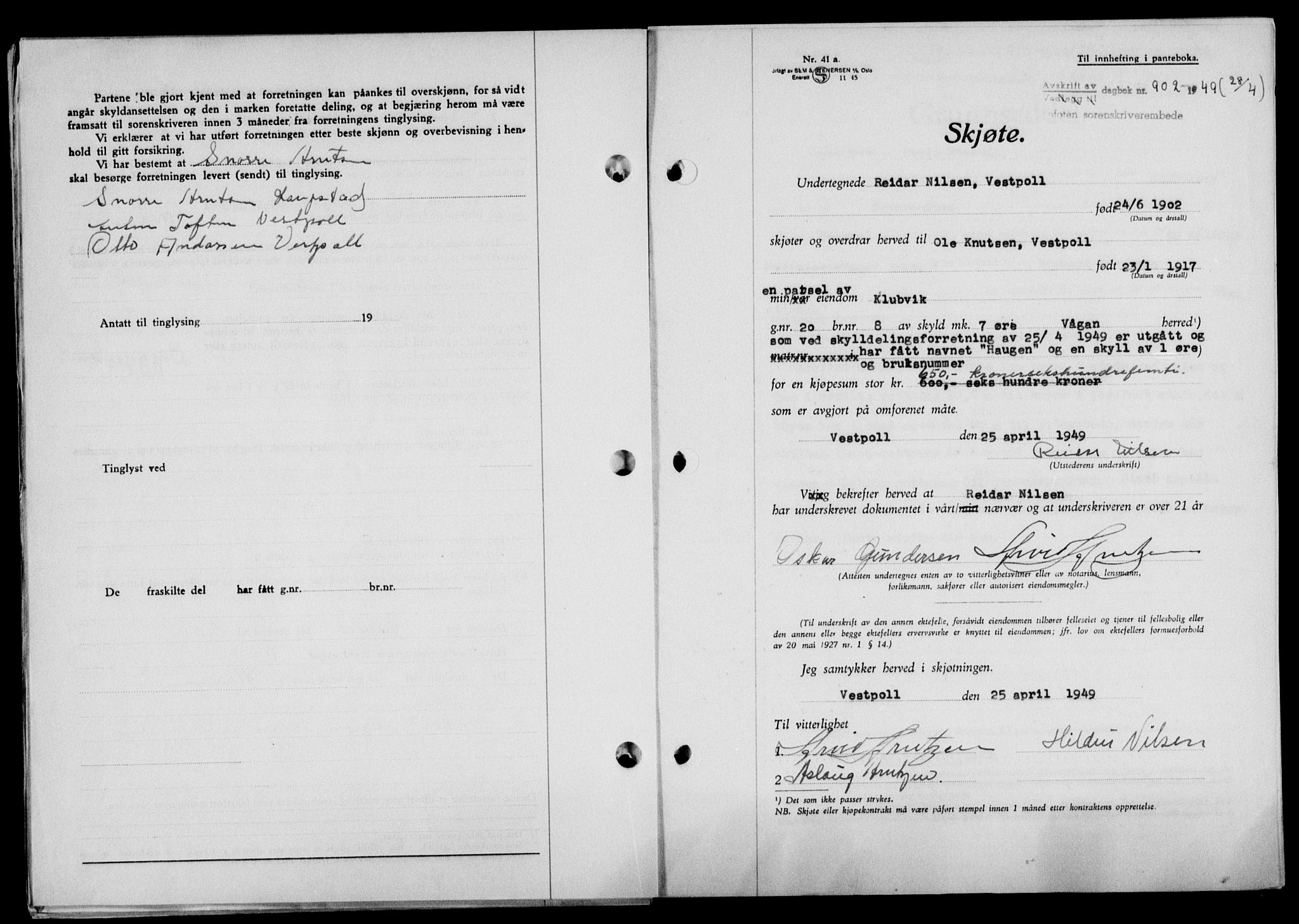 Lofoten sorenskriveri, SAT/A-0017/1/2/2C/L0020a: Mortgage book no. 20a, 1948-1949, Diary no: : 902/1949