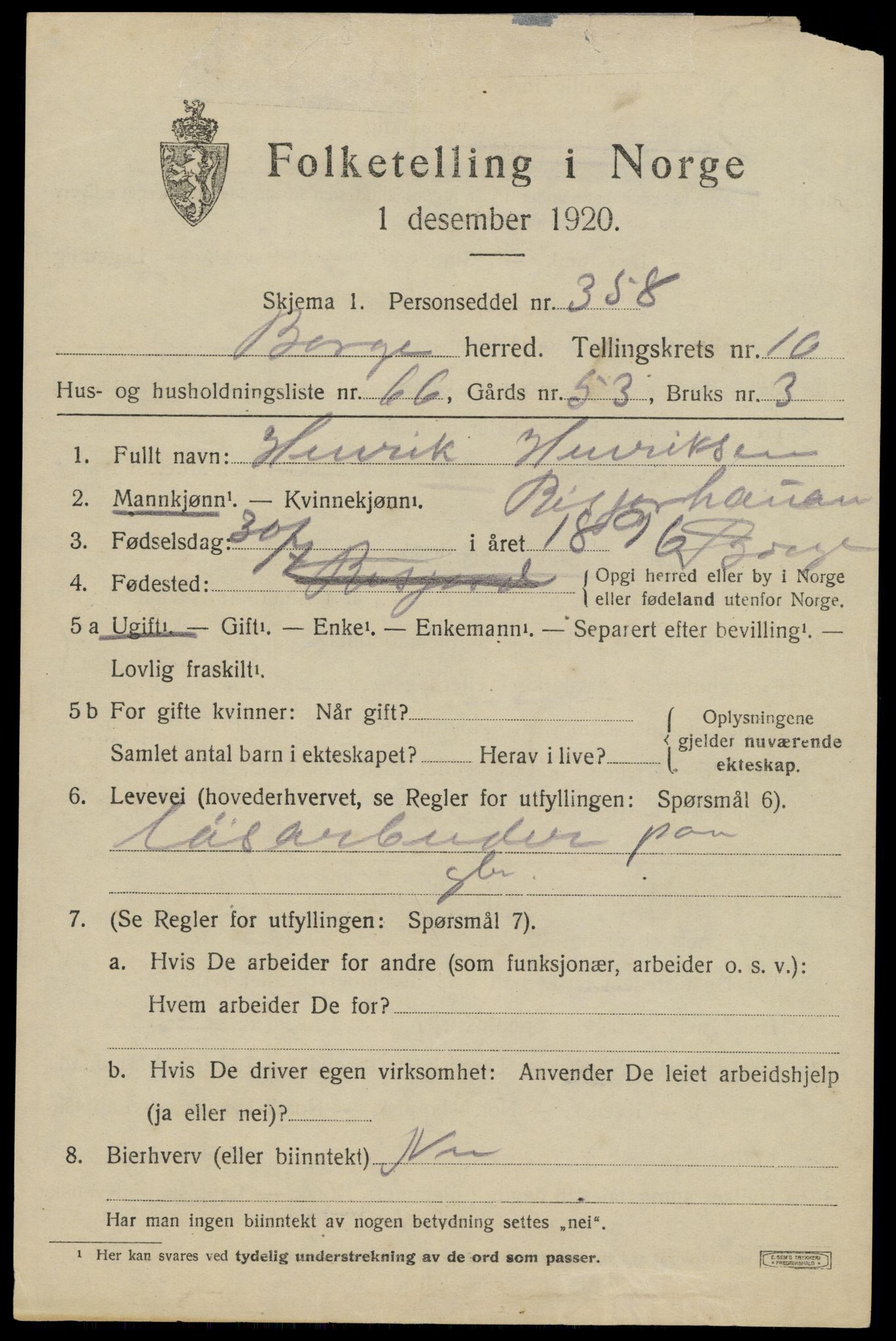 SAT, 1920 census for Borge, 1920, p. 9415