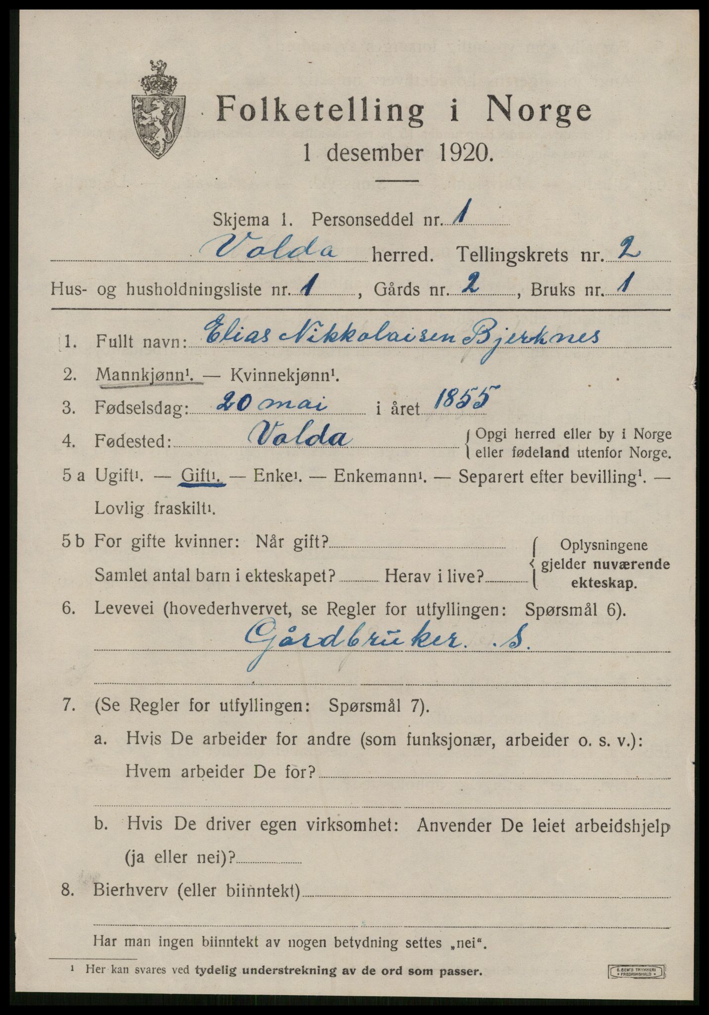 SAT, 1920 census for Volda, 1920, p. 1960