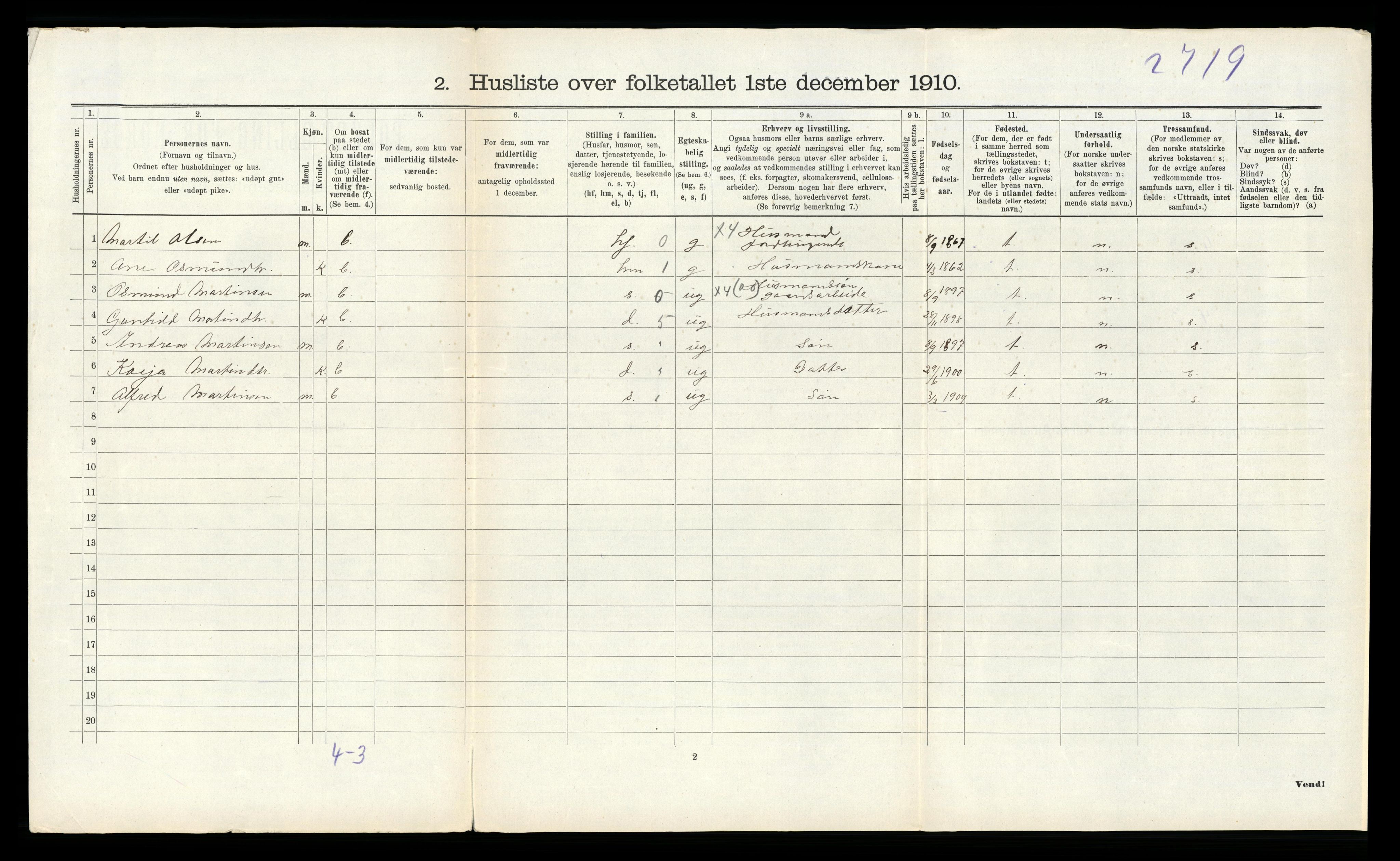 RA, 1910 census for Sauda, 1910, p. 413