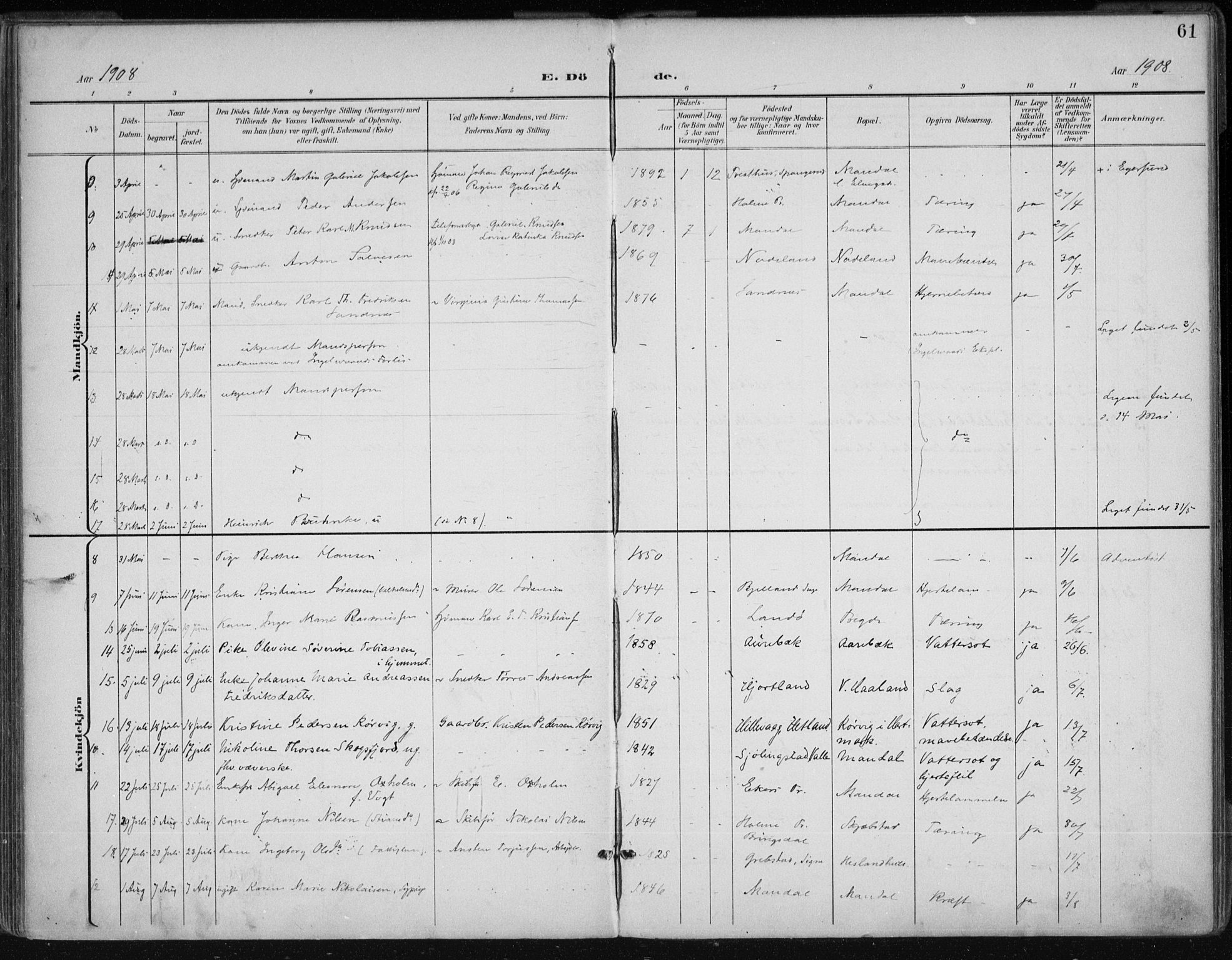 Mandal sokneprestkontor, AV/SAK-1111-0030/F/Fa/Faa/L0021: Parish register (official) no. A 21, 1898-1913, p. 61