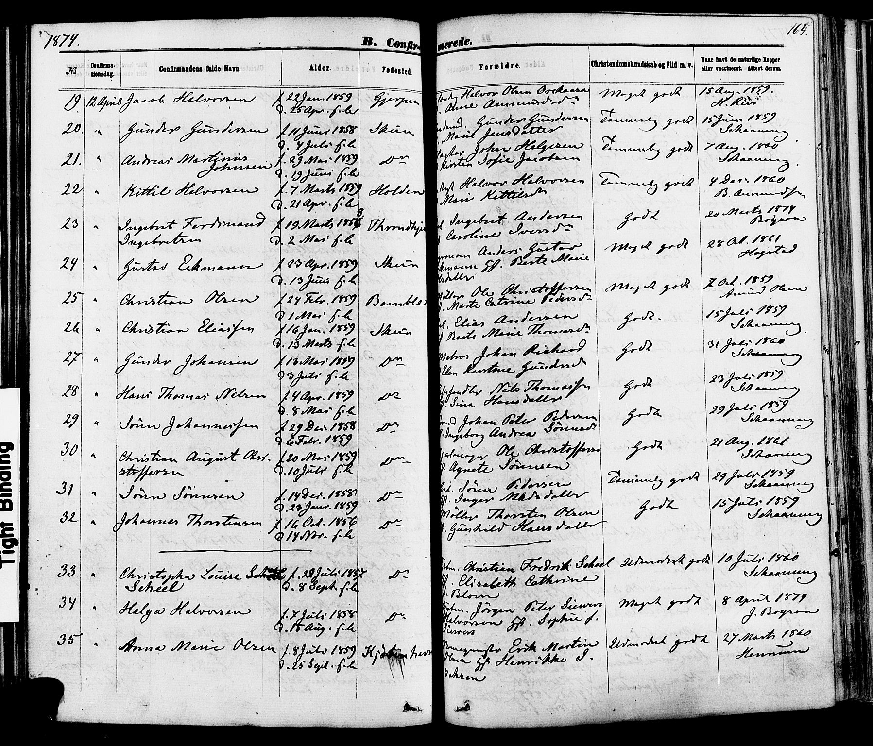 Skien kirkebøker, AV/SAKO-A-302/F/Fa/L0008: Parish register (official) no. 8, 1866-1877, p. 164