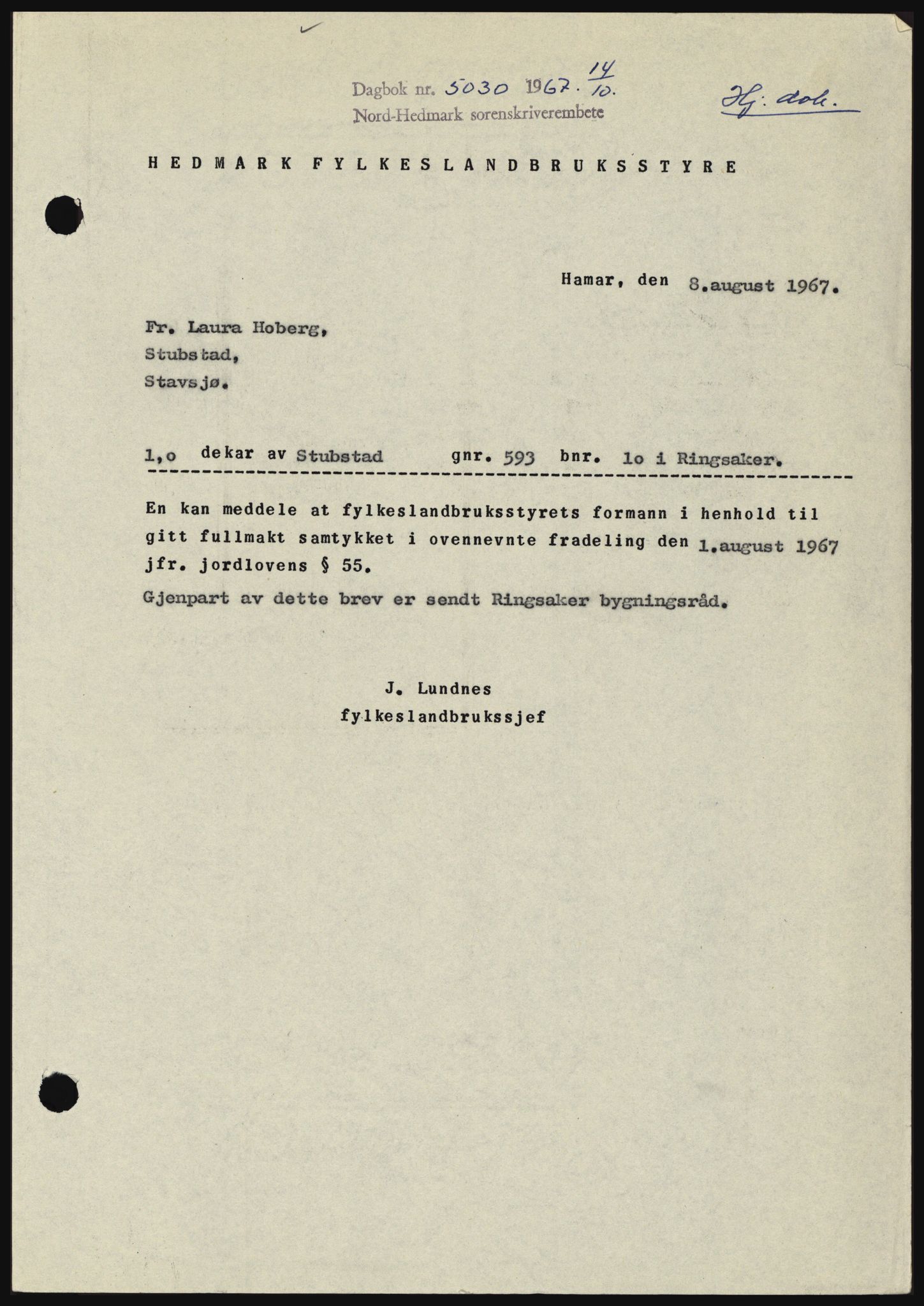 Nord-Hedmark sorenskriveri, SAH/TING-012/H/Hc/L0026: Mortgage book no. 26, 1967-1967, Diary no: : 5030/1967
