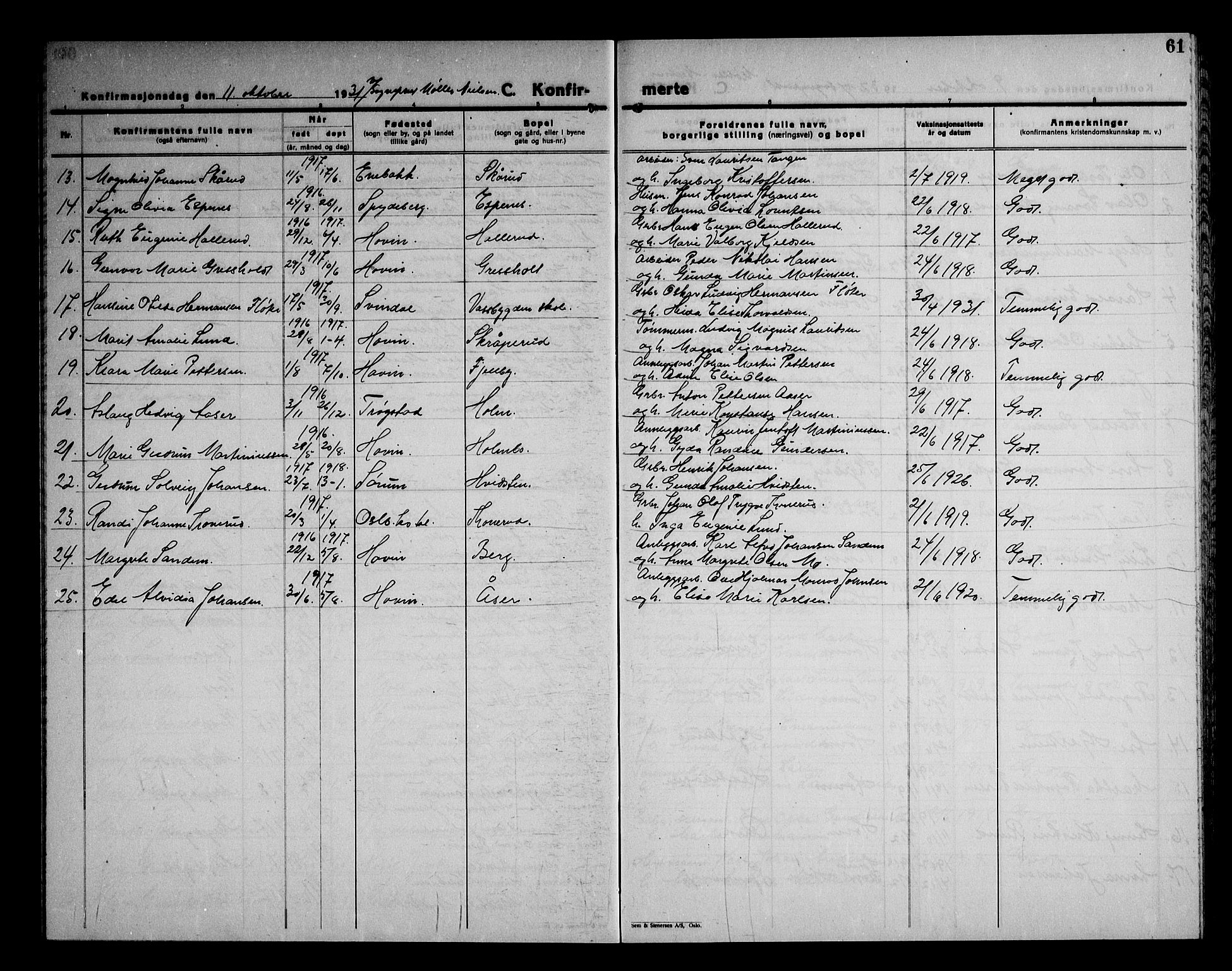 Spydeberg prestekontor Kirkebøker, AV/SAO-A-10924/G/Gb/L0002: Parish register (copy) no. II 2, 1925-1951, p. 61