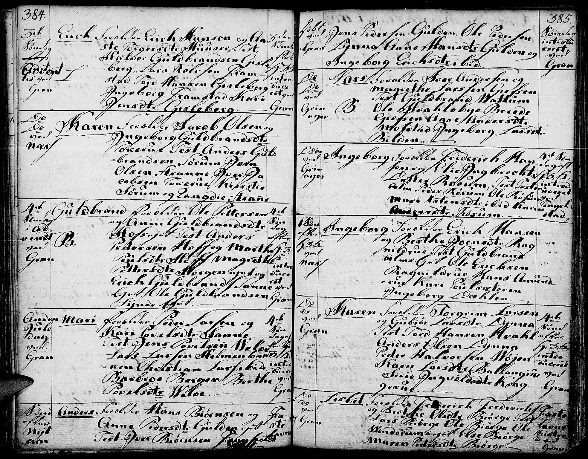 Gran prestekontor, SAH/PREST-112/H/Ha/Haa/L0006: Parish register (official) no. 6, 1787-1824, p. 384-385