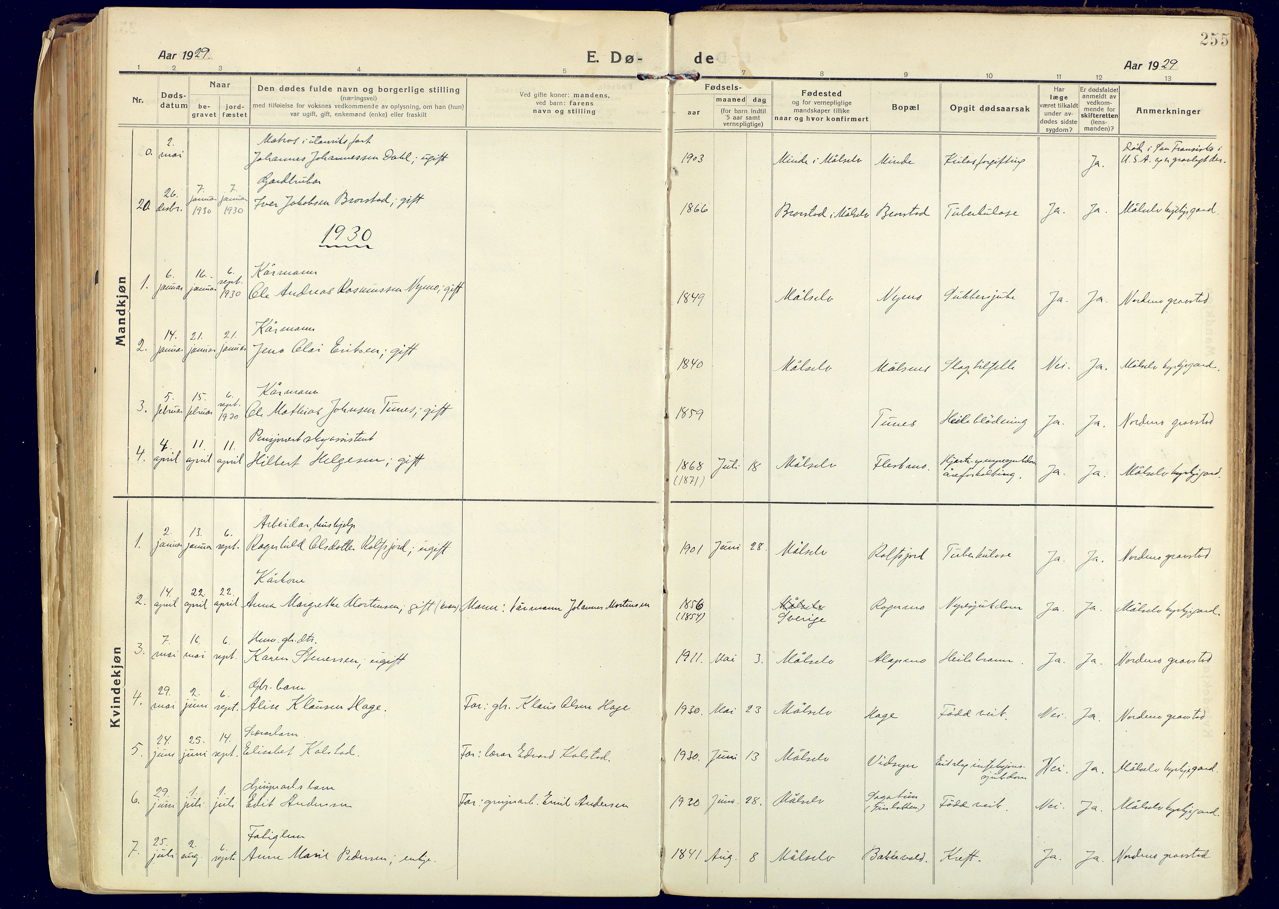 Målselv sokneprestembete, AV/SATØ-S-1311/G/Ga/Gaa/L0014kirke: Parish register (official) no. 14, 1919-1932, p. 255