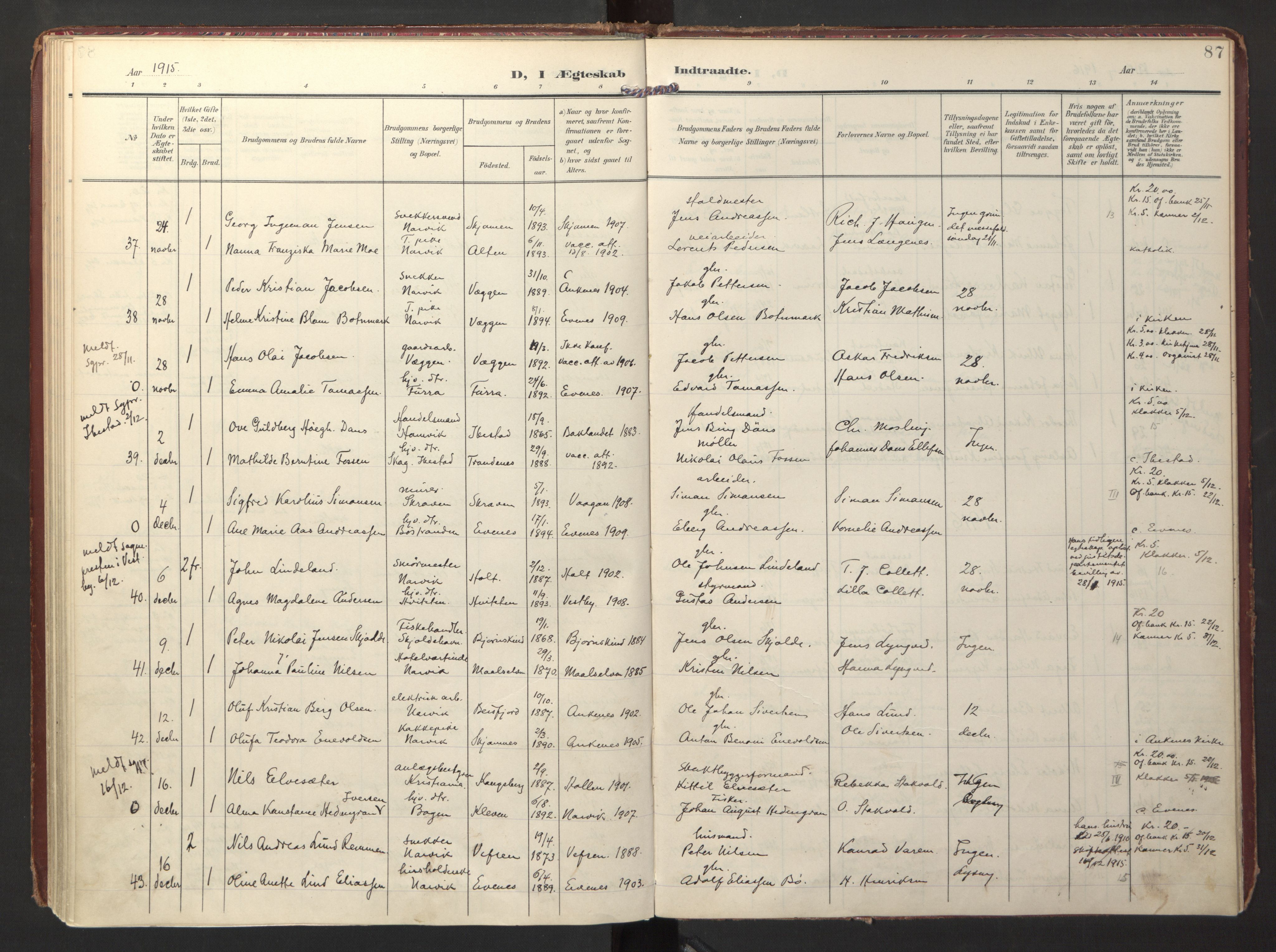 Ministerialprotokoller, klokkerbøker og fødselsregistre - Nordland, AV/SAT-A-1459/871/L0999: Parish register (official) no. 871A15, 1902-1917, p. 87