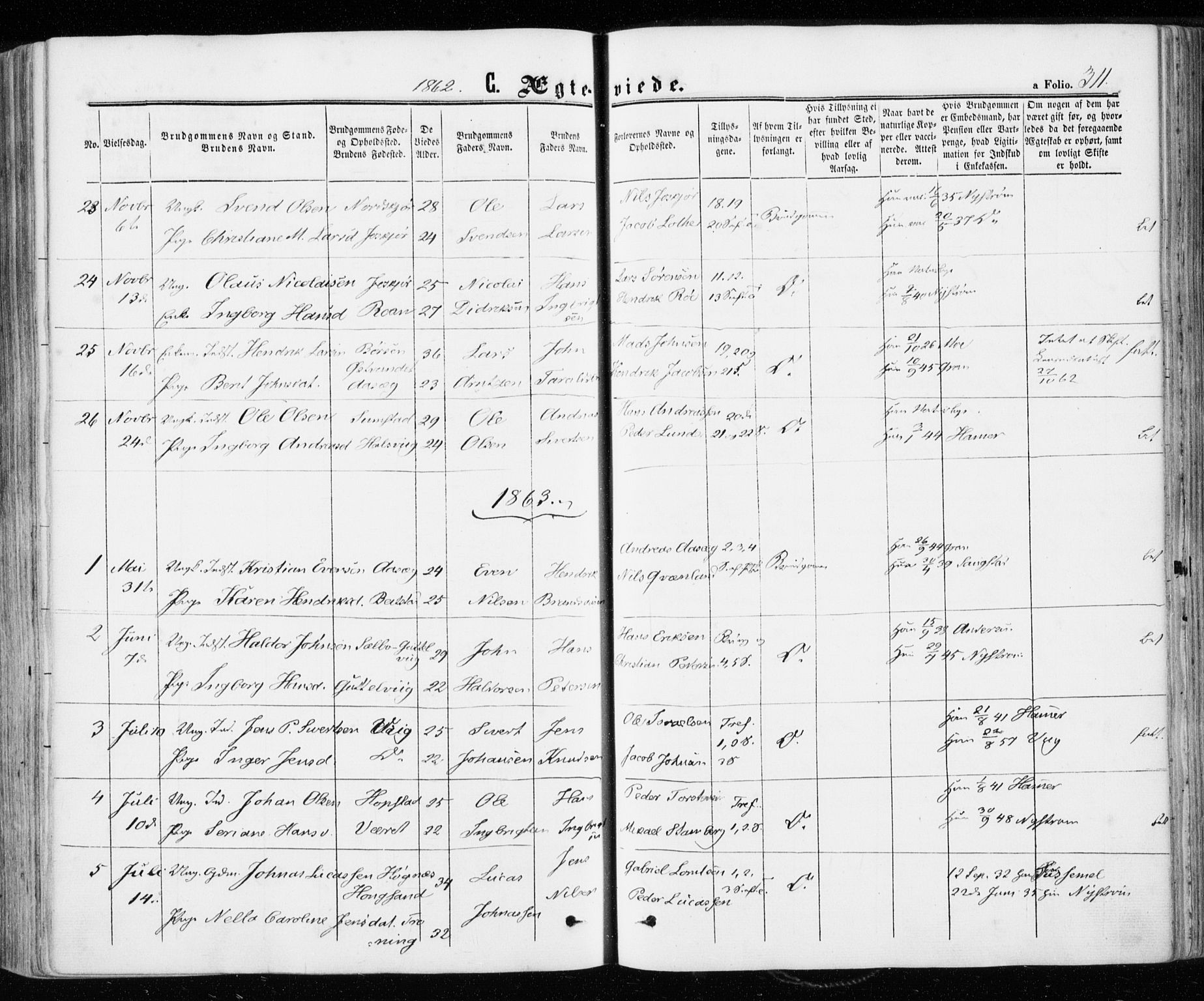 Ministerialprotokoller, klokkerbøker og fødselsregistre - Sør-Trøndelag, SAT/A-1456/657/L0705: Parish register (official) no. 657A06, 1858-1867, p. 311