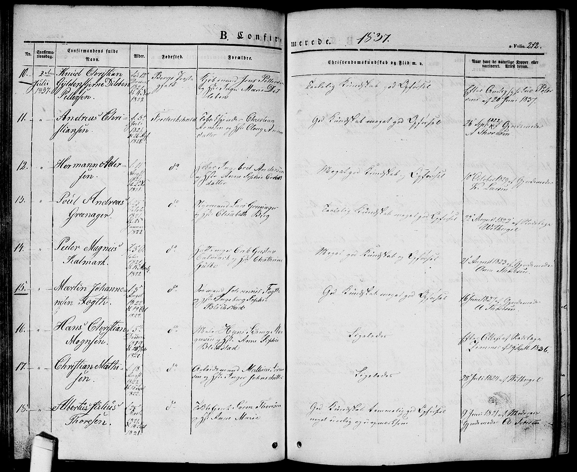Halden prestekontor Kirkebøker, SAO/A-10909/G/Ga/L0003: Parish register (copy) no. 3, 1834-1844, p. 212