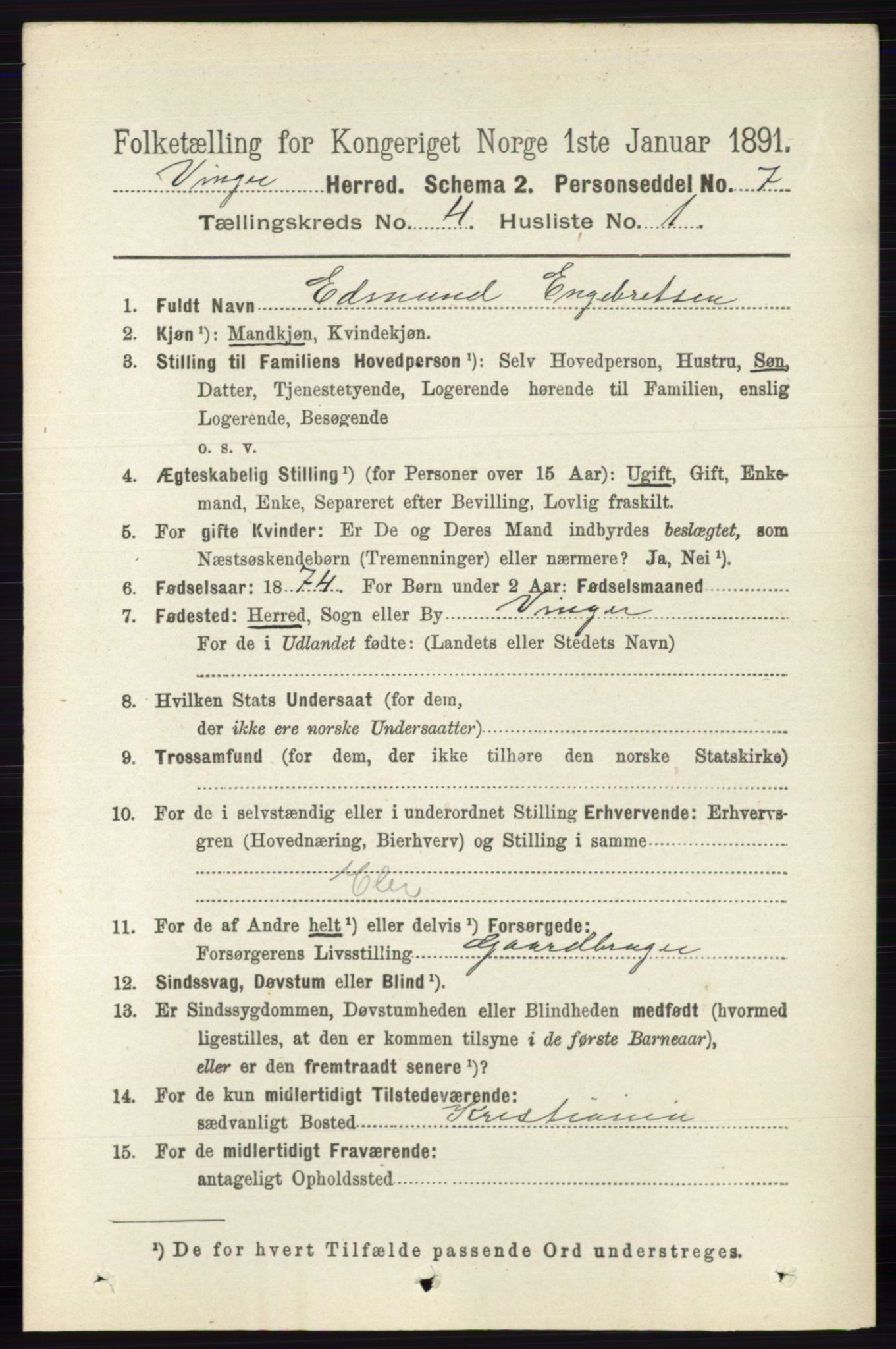 RA, 1891 census for 0421 Vinger, 1891, p. 1644