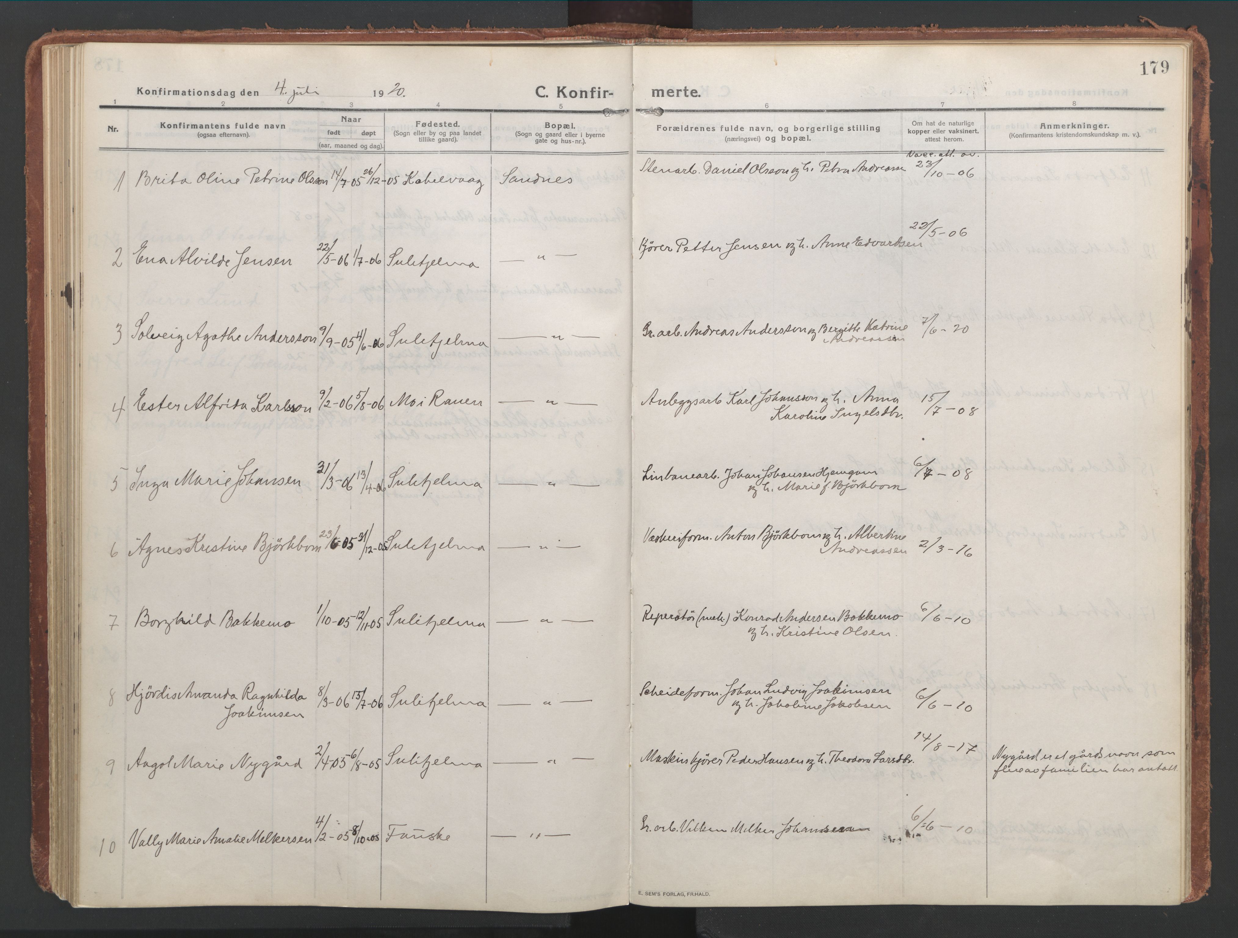 Ministerialprotokoller, klokkerbøker og fødselsregistre - Nordland, AV/SAT-A-1459/850/L0715: Curate's parish register no. 850B05, 1913-1924, p. 179