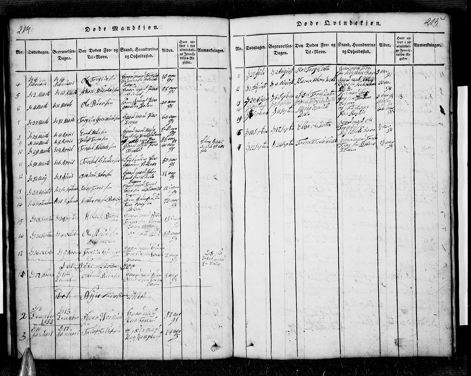 Sirdal sokneprestkontor, SAK/1111-0036/F/Fb/Fbb/L0001: Parish register (copy) no. B 1, 1815-1834, p. 214-215