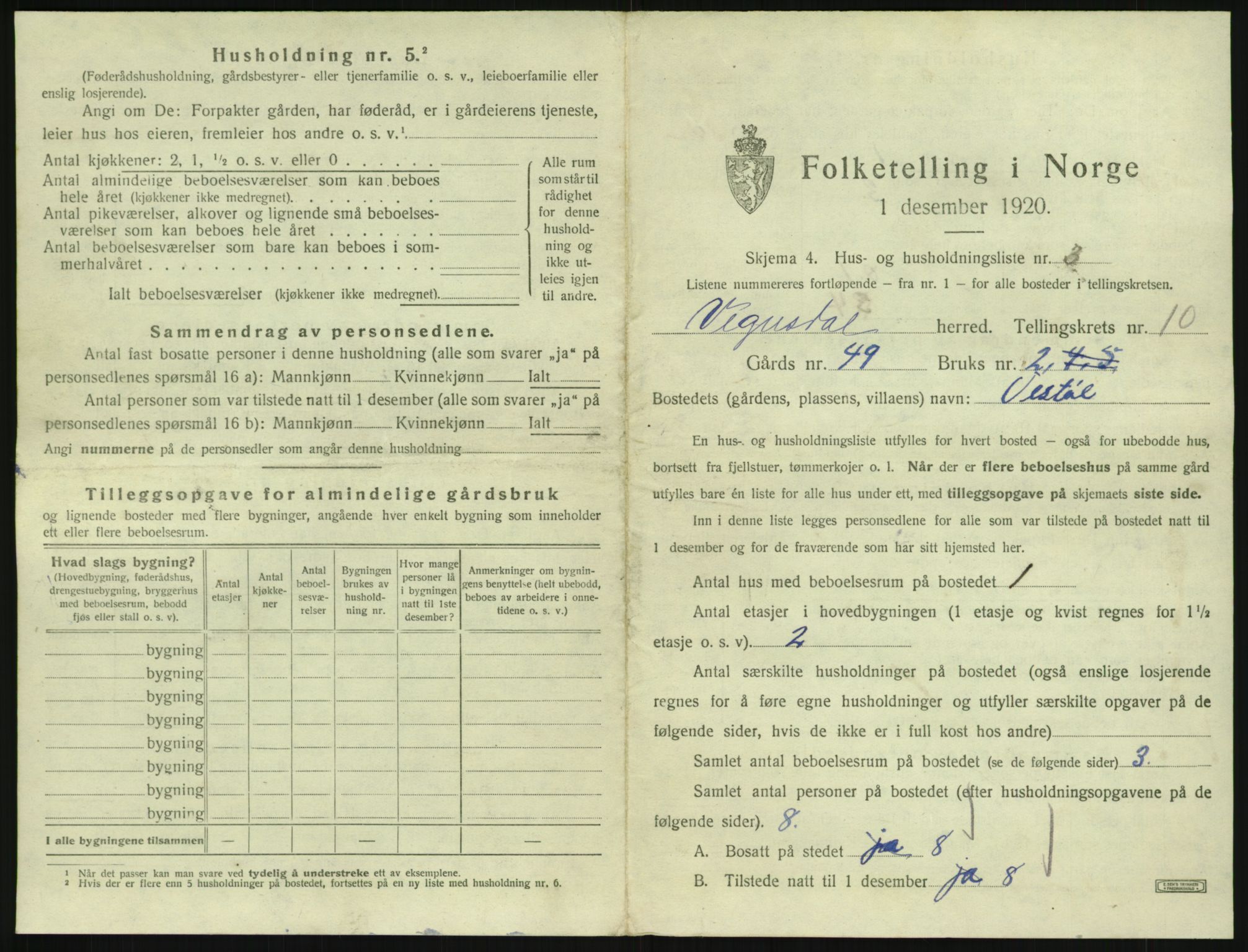 SAK, 1920 census for Vegusdal, 1920, p. 349