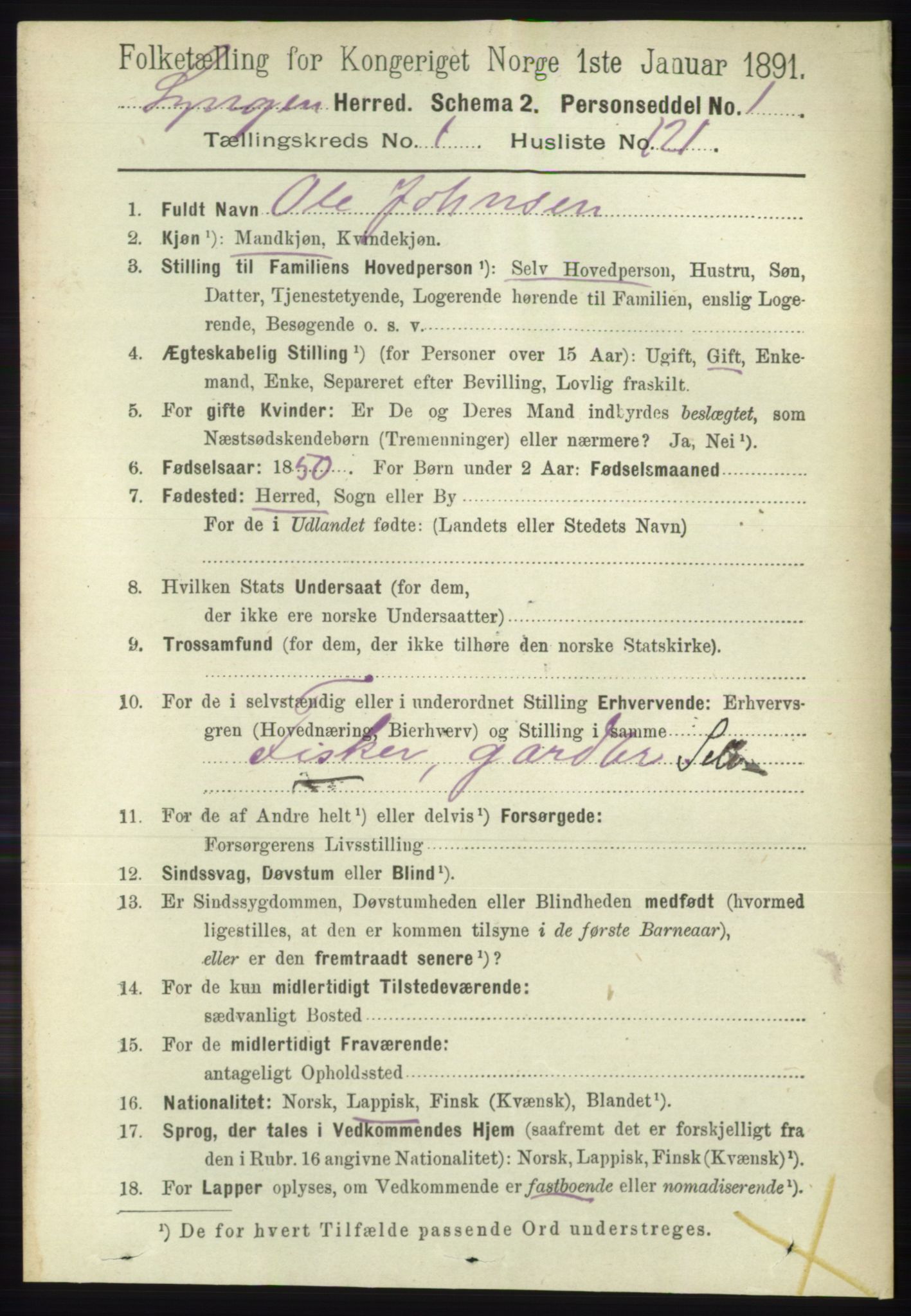 RA, 1891 census for 1938 Lyngen, 1891, p. 1086