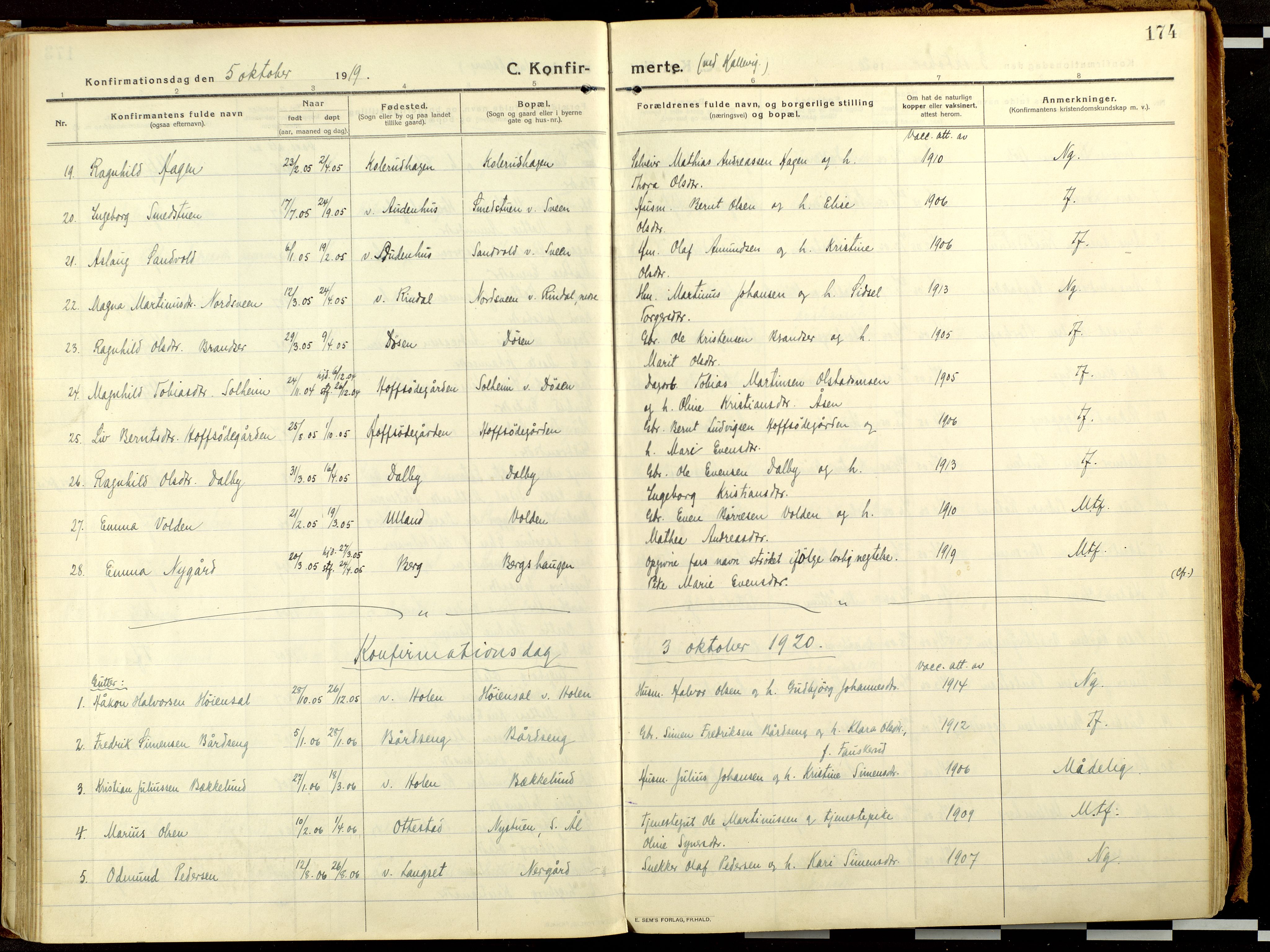 Fåberg prestekontor, AV/SAH-PREST-086/H/Ha/Haa/L0013: Parish register (official) no. 13, 1913-1928, p. 174