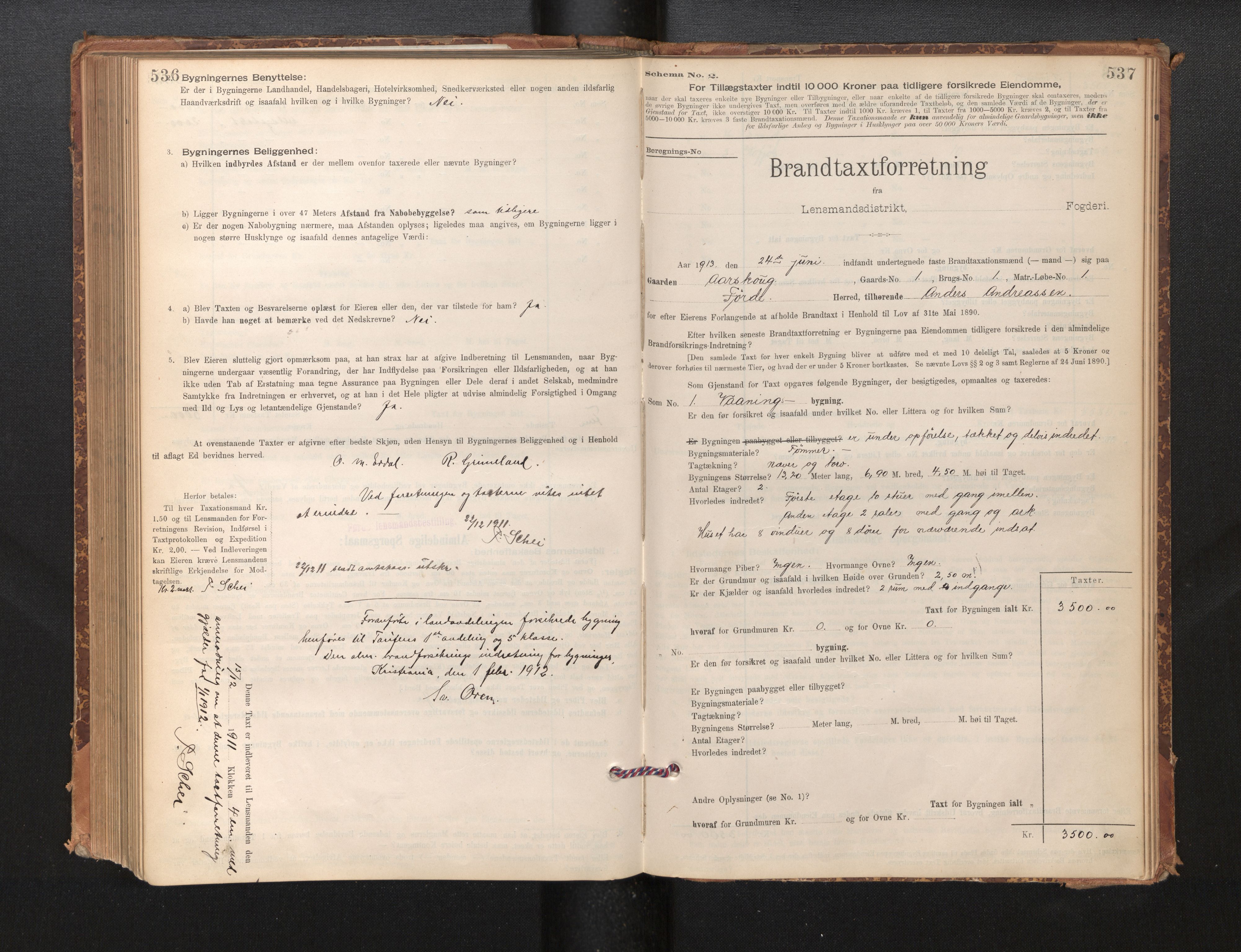Lensmannen i Førde, SAB/A-27401/0012/L0008: Branntakstprotokoll, skjematakst, 1895-1922, p. 536-537