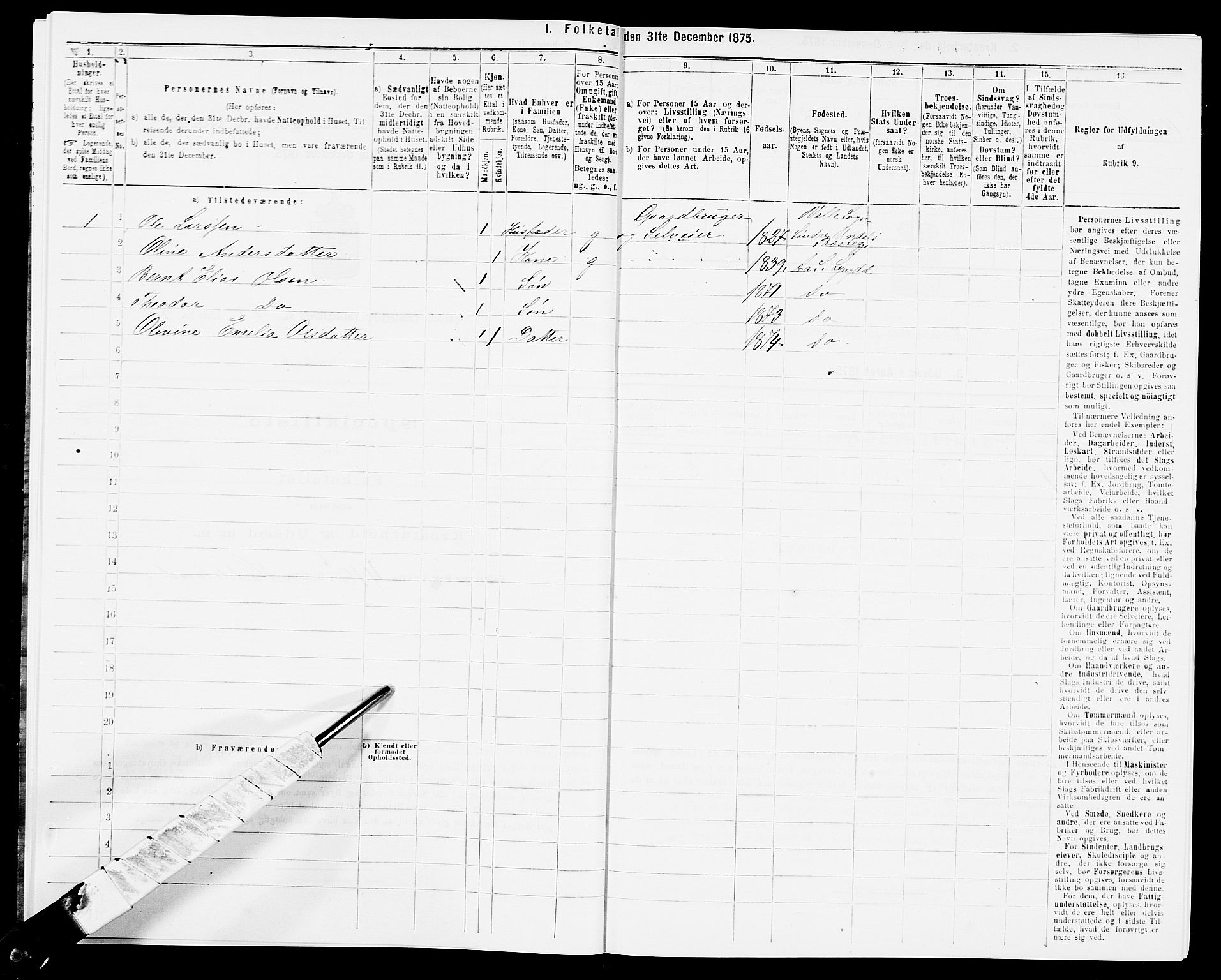 SAK, 1875 census for 1032P Lyngdal, 1875, p. 1367