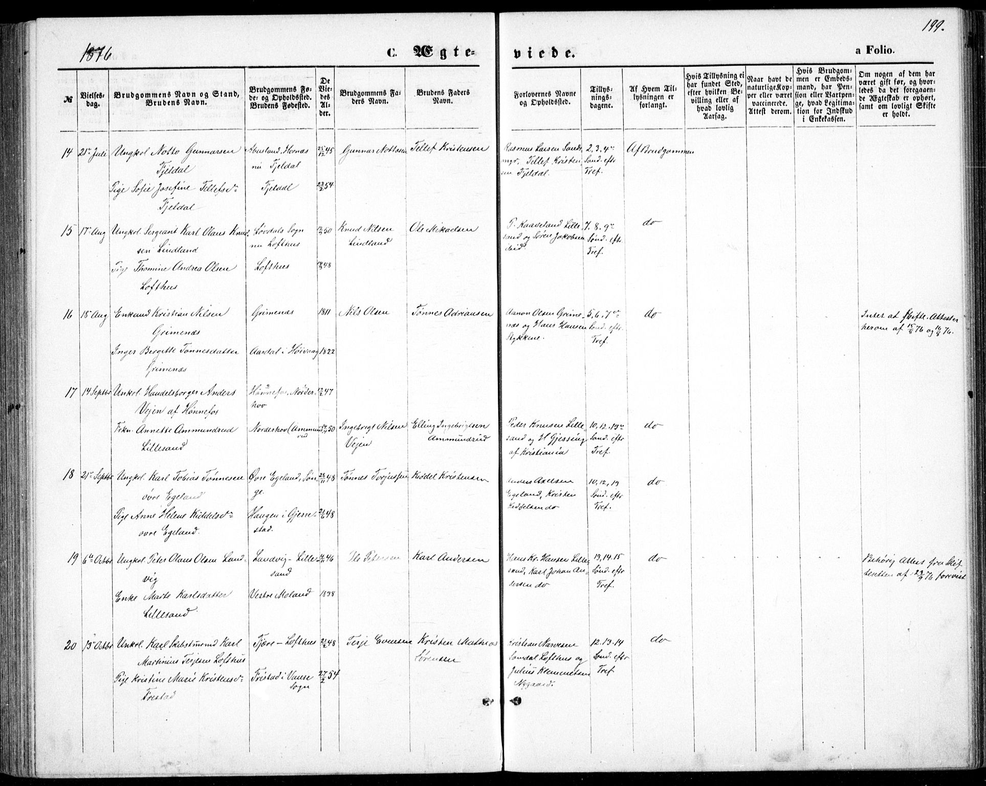 Vestre Moland sokneprestkontor, AV/SAK-1111-0046/F/Fb/Fbb/L0005: Parish register (copy) no. B 5, 1872-1883, p. 199