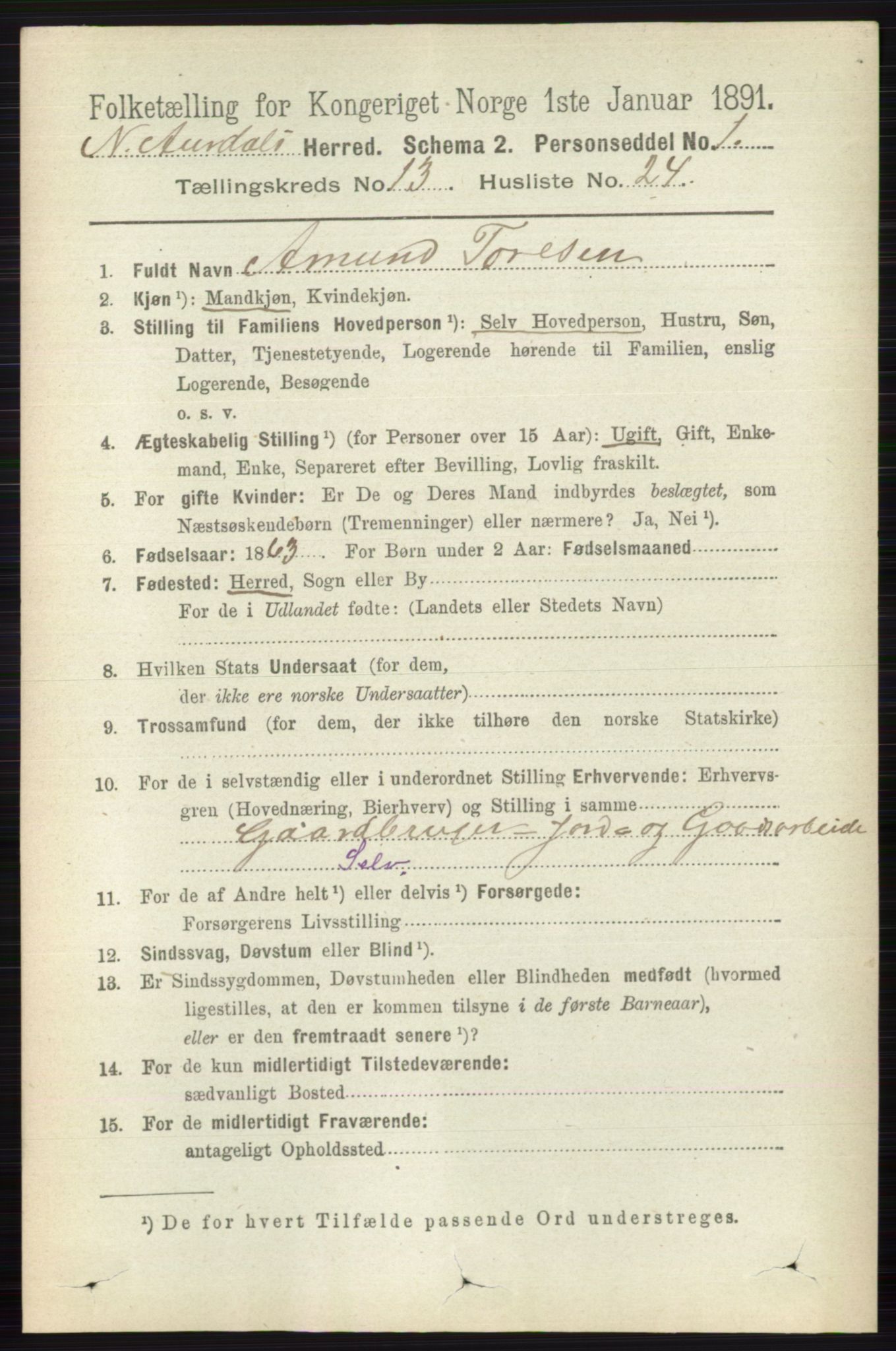 RA, 1891 census for 0542 Nord-Aurdal, 1891, p. 4907