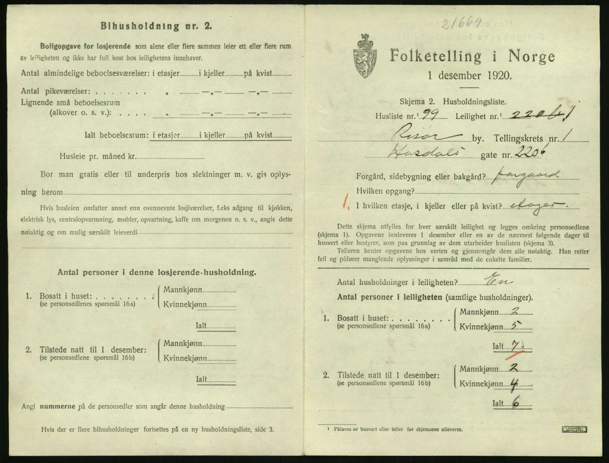 SAK, 1920 census for Risør, 1920, p. 1587