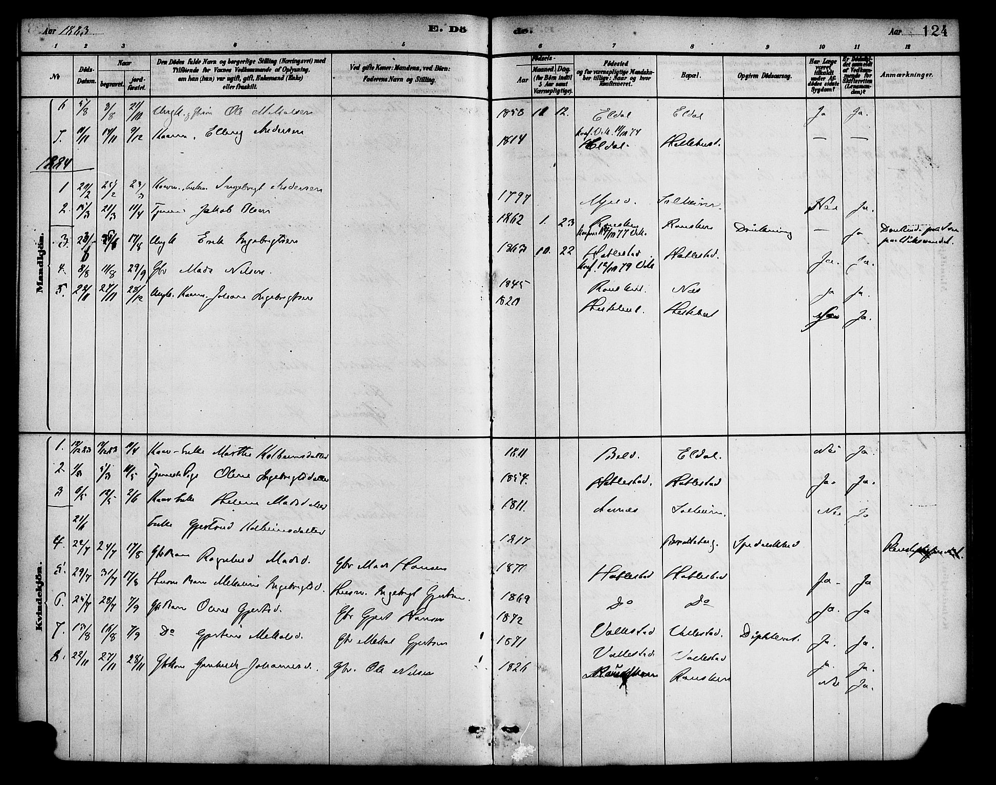 Gaular sokneprestembete, AV/SAB-A-80001/H/Haa: Parish register (official) no. D 1, 1882-1899, p. 124