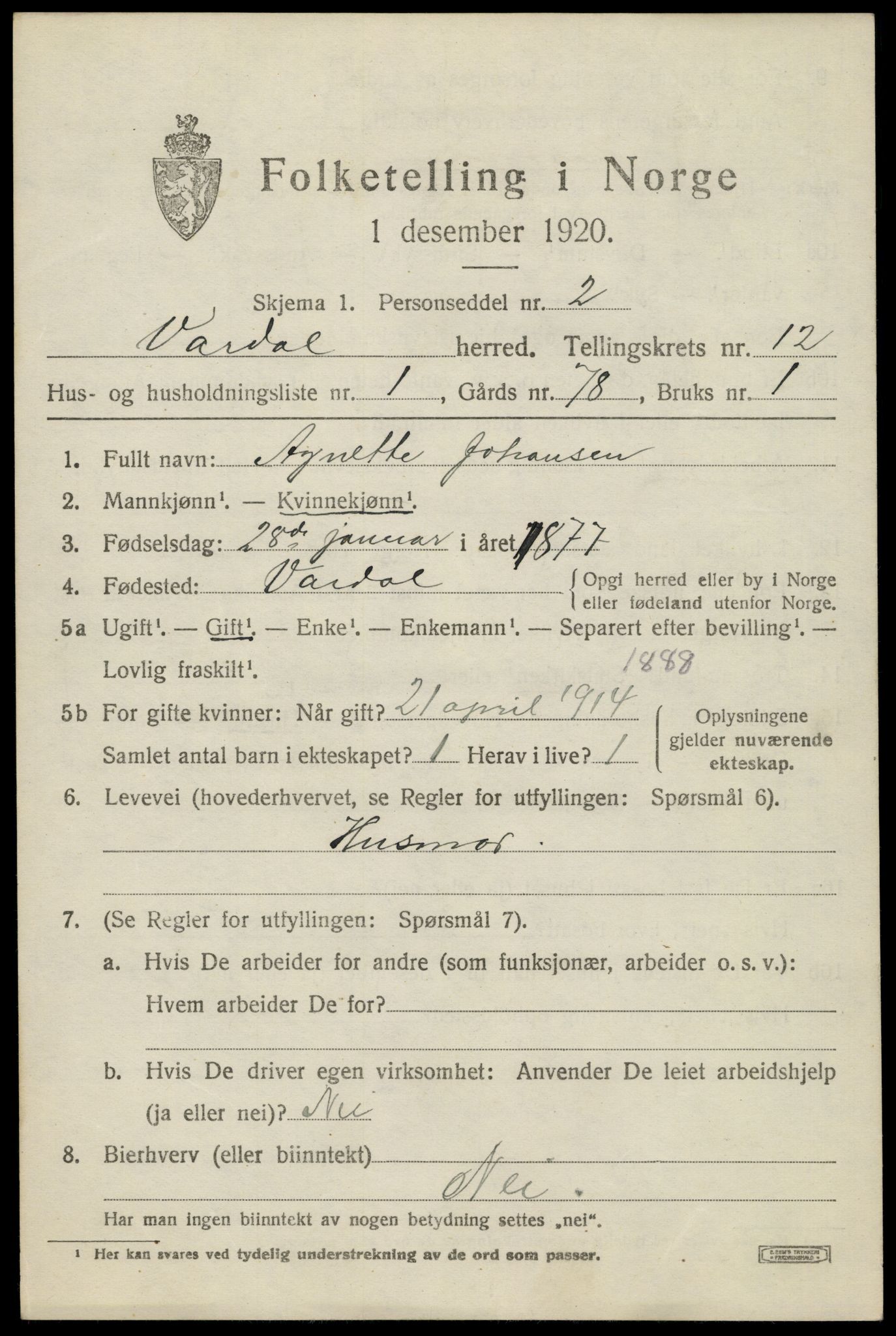 SAH, 1920 census for Vardal, 1920, p. 13137