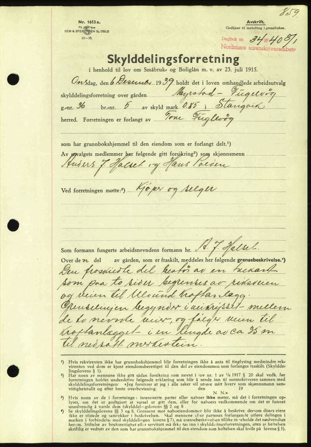 Nordmøre sorenskriveri, AV/SAT-A-4132/1/2/2Ca: Mortgage book no. A87, 1939-1940, Diary no: : 34/1940