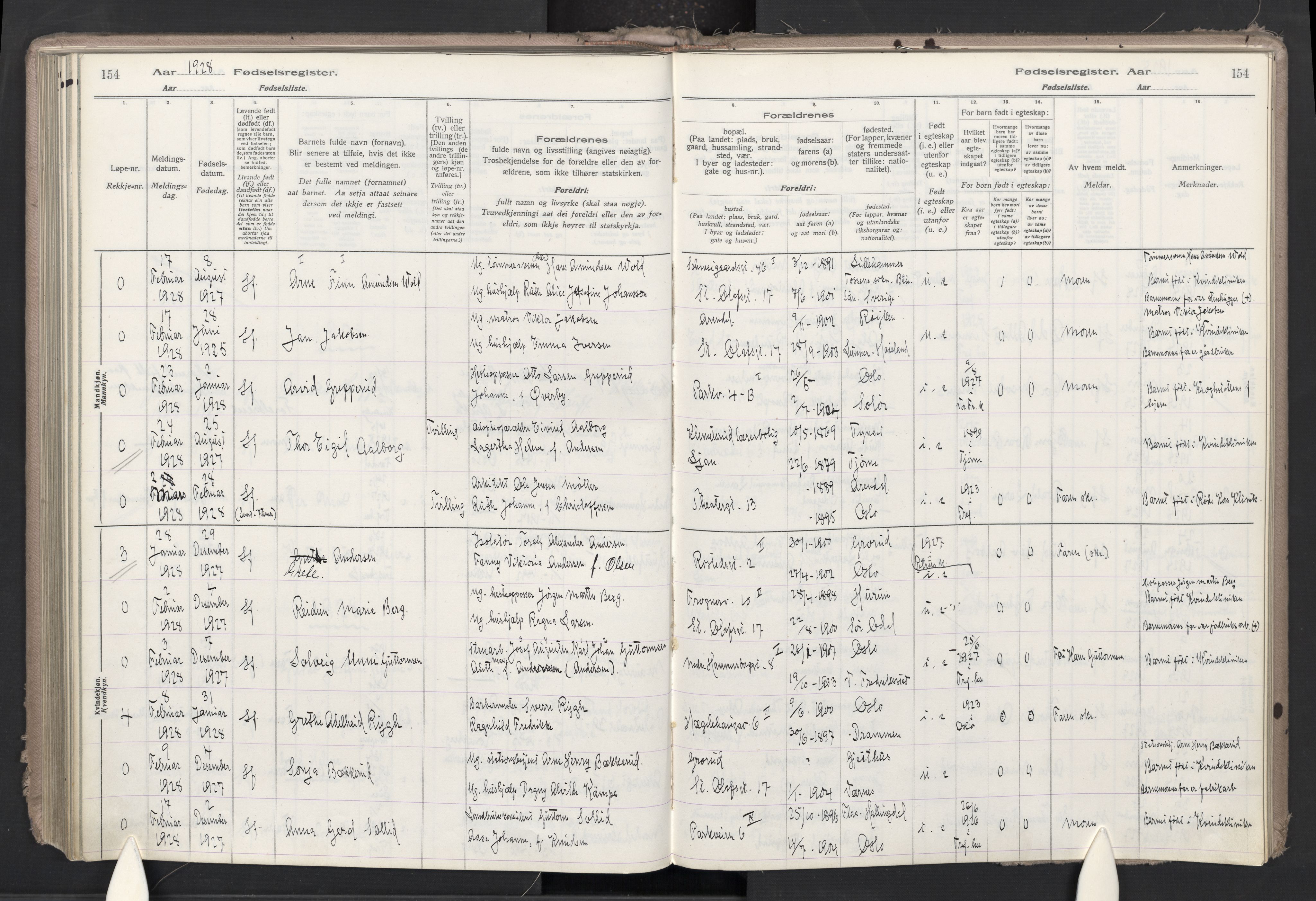 Trefoldighet prestekontor Kirkebøker, SAO/A-10882/J/Ja/L0001: Birth register no. 1, 1916-1931, p. 154