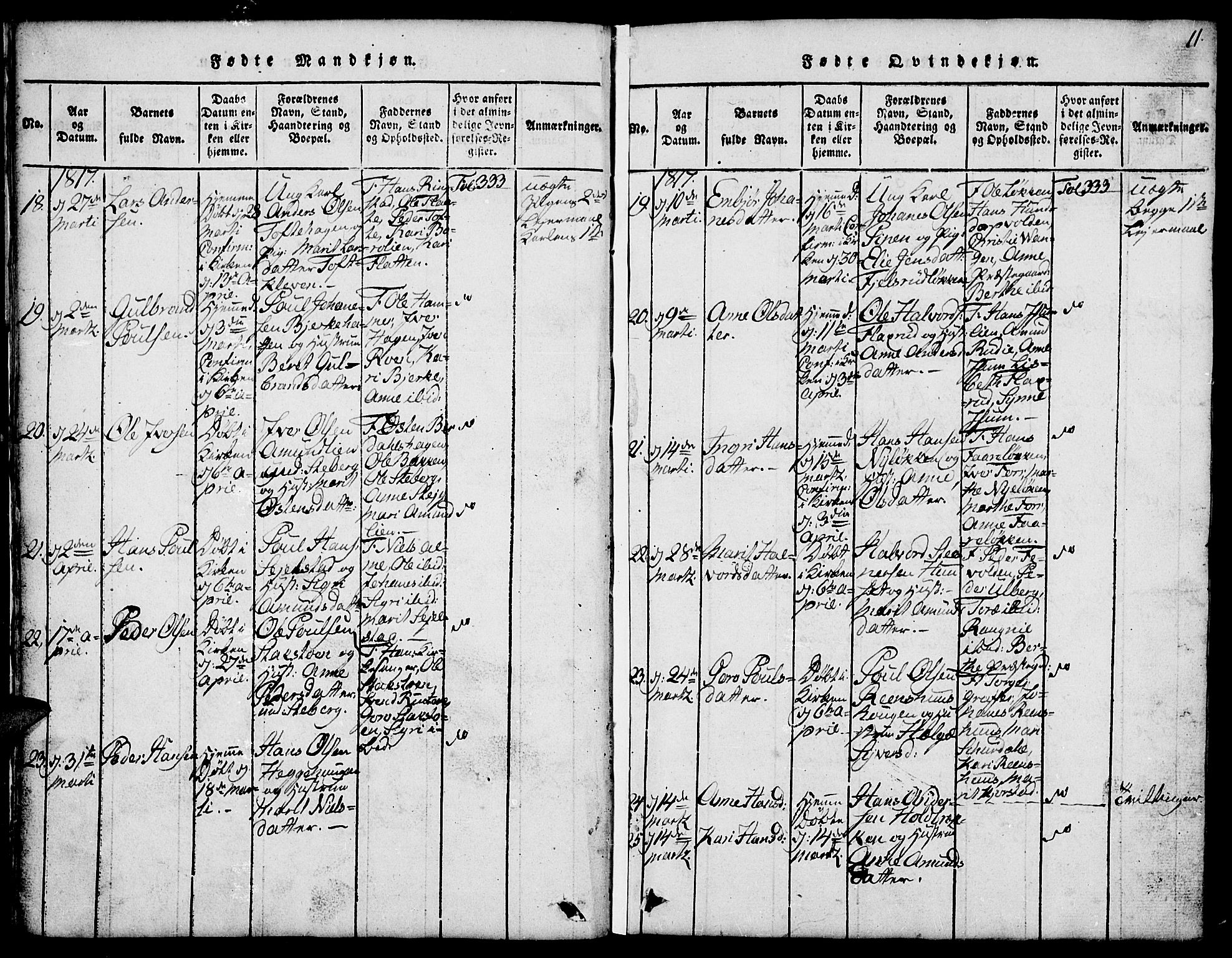 Fron prestekontor, SAH/PREST-078/H/Ha/Hab/L0001: Parish register (copy) no. 1, 1816-1843, p. 11