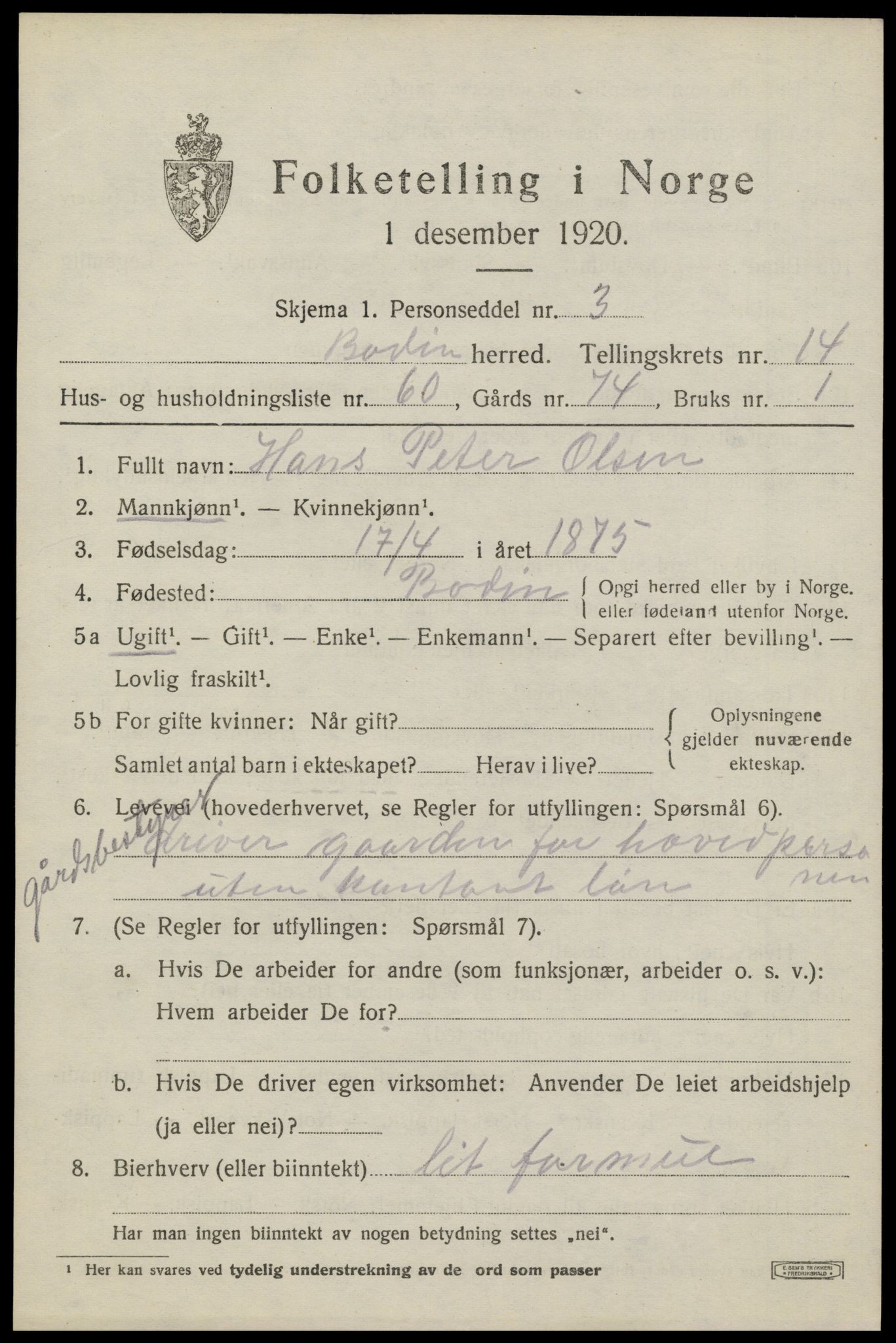 SAT, 1920 census for Bodin, 1920, p. 10838