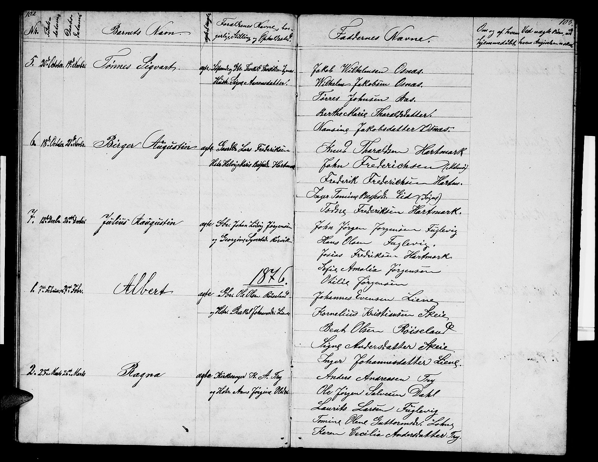 Mandal sokneprestkontor, SAK/1111-0030/F/Fb/Fbb/L0003: Parish register (copy) no. B 3, 1848-1877, p. 102-103
