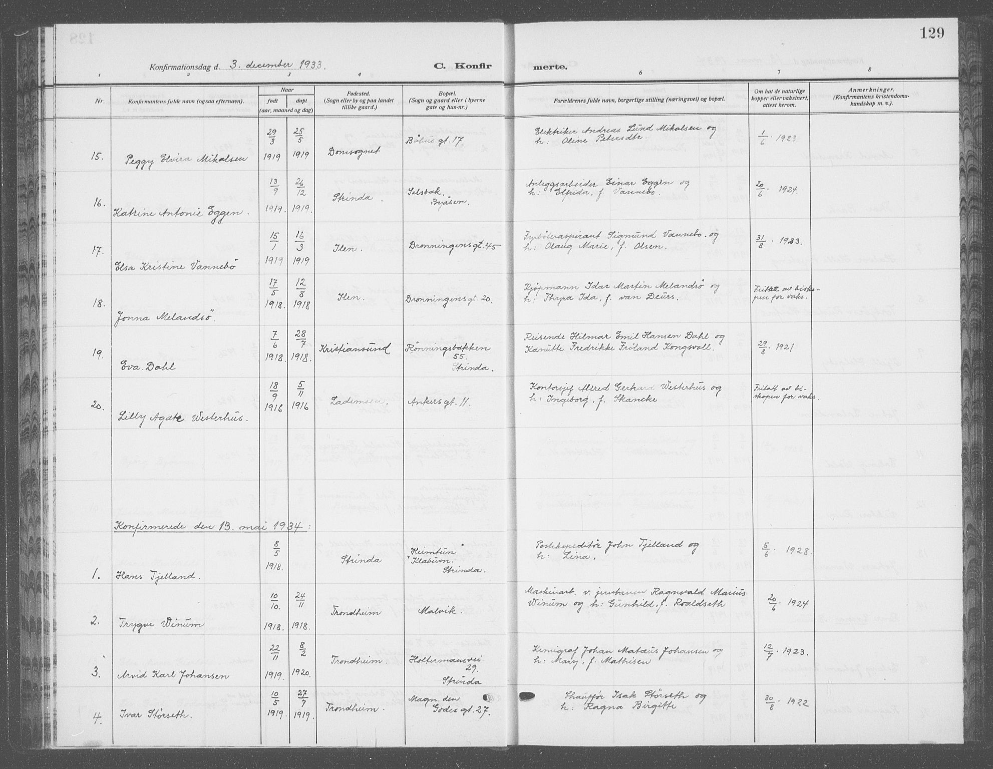 Ministerialprotokoller, klokkerbøker og fødselsregistre - Sør-Trøndelag, SAT/A-1456/601/L0099: Parish register (copy) no. 601C17, 1928-1941, p. 129