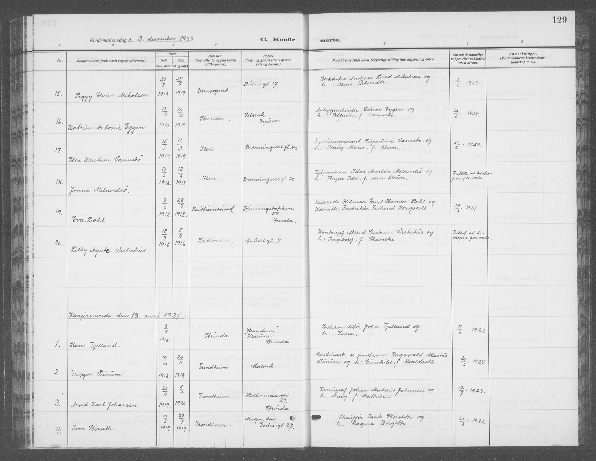 Ministerialprotokoller, klokkerbøker og fødselsregistre - Sør-Trøndelag, AV/SAT-A-1456/601/L0099: Parish register (copy) no. 601C17, 1928-1941, p. 129
