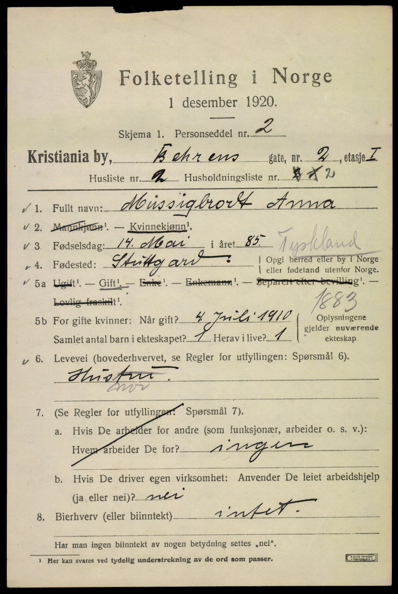 SAO, 1920 census for Kristiania, 1920, p. 150227