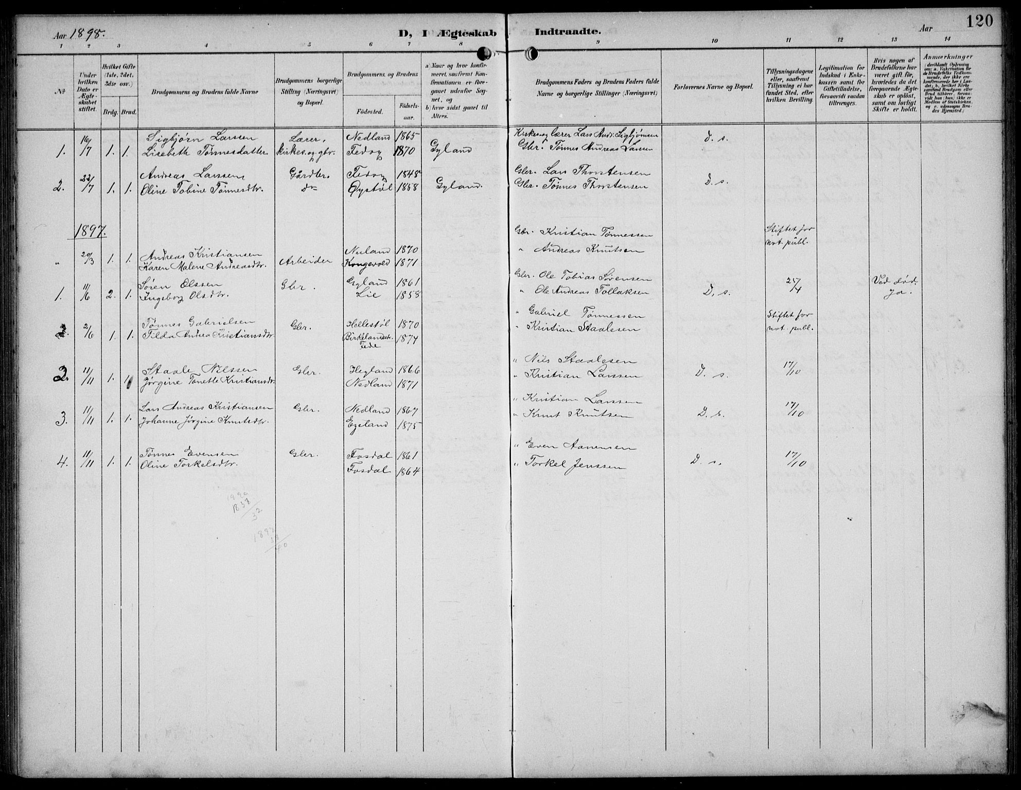 Bakke sokneprestkontor, SAK/1111-0002/F/Fb/Fbb/L0004: Parish register (copy) no. B 4, 1896-1927, p. 120