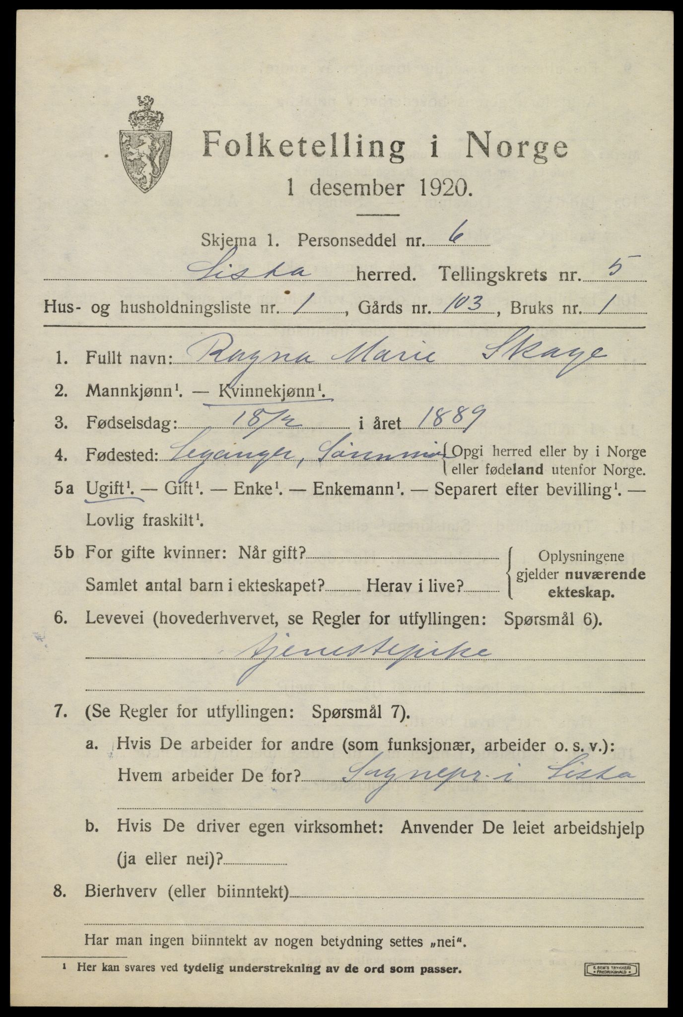 SAK, 1920 census for Lista, 1920, p. 5515