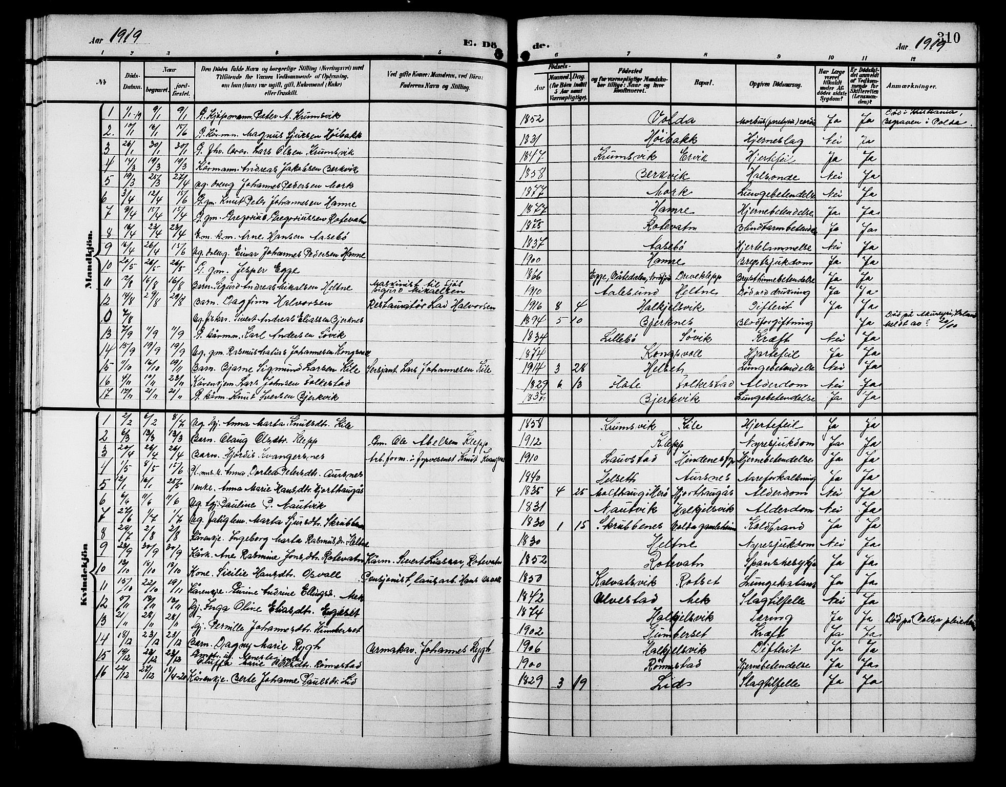 Ministerialprotokoller, klokkerbøker og fødselsregistre - Møre og Romsdal, SAT/A-1454/511/L0159: Parish register (copy) no. 511C05, 1902-1920, p. 310