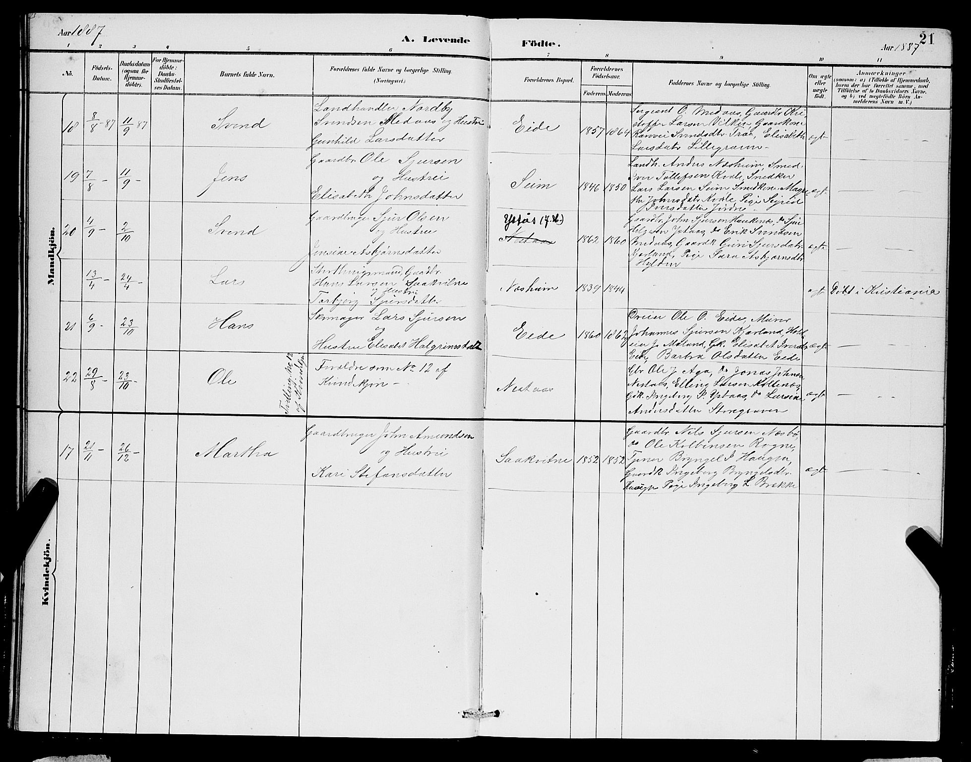 Ulvik sokneprestembete, AV/SAB-A-78801/H/Hab: Parish register (copy) no. B 3, 1884-1901, p. 21