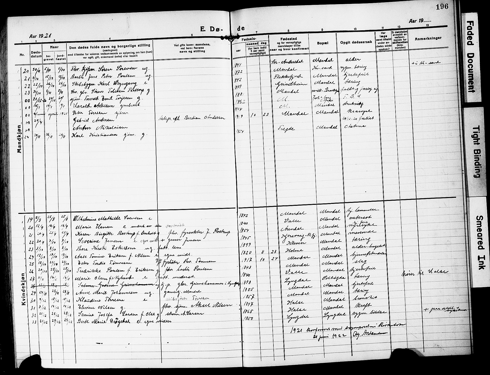 Mandal sokneprestkontor, SAK/1111-0030/F/Fb/Fbc/L0001: Parish register (copy) no. B 1, 1918-1931, p. 196