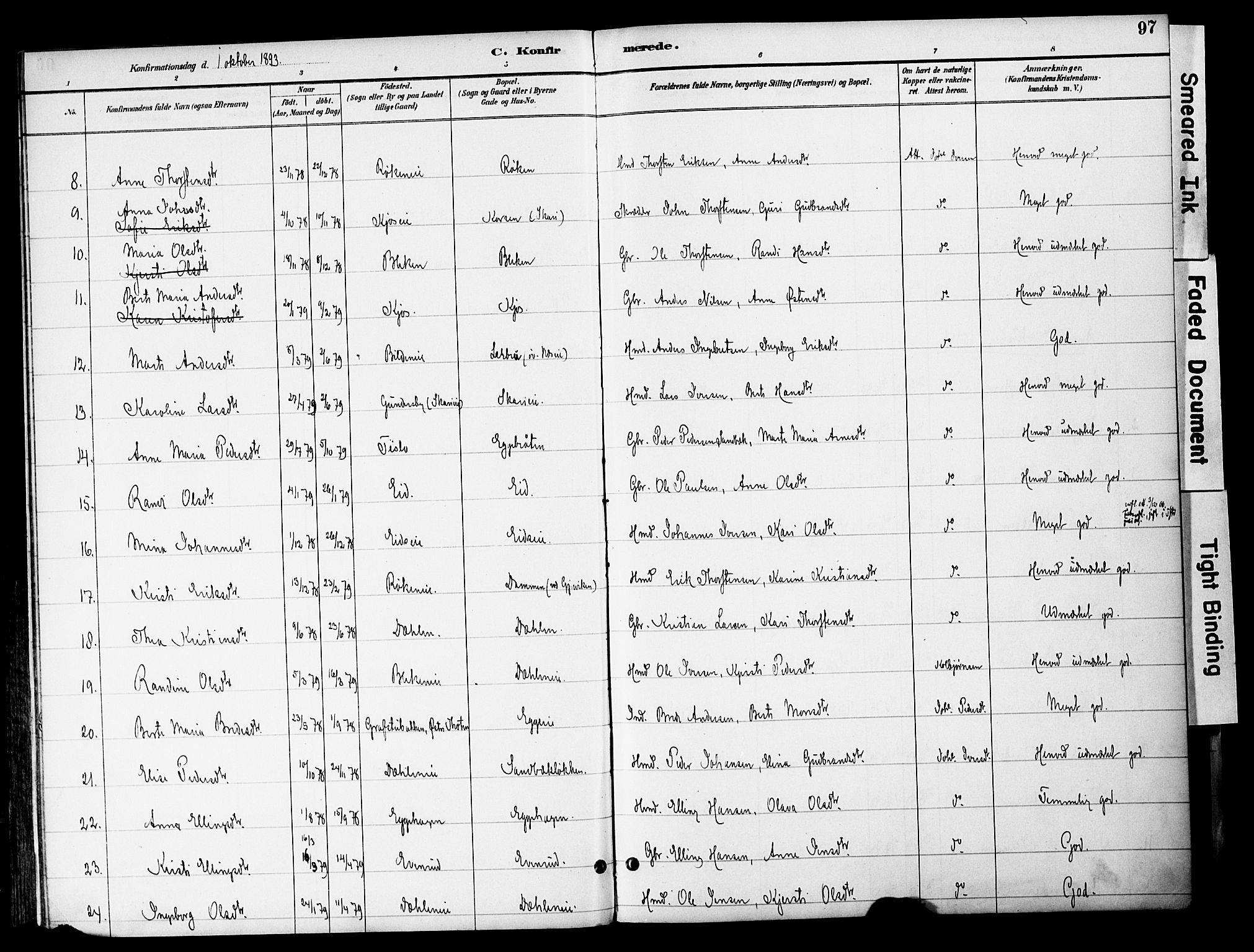 Gran prestekontor, SAH/PREST-112/H/Ha/Haa/L0020: Parish register (official) no. 20, 1889-1899, p. 97