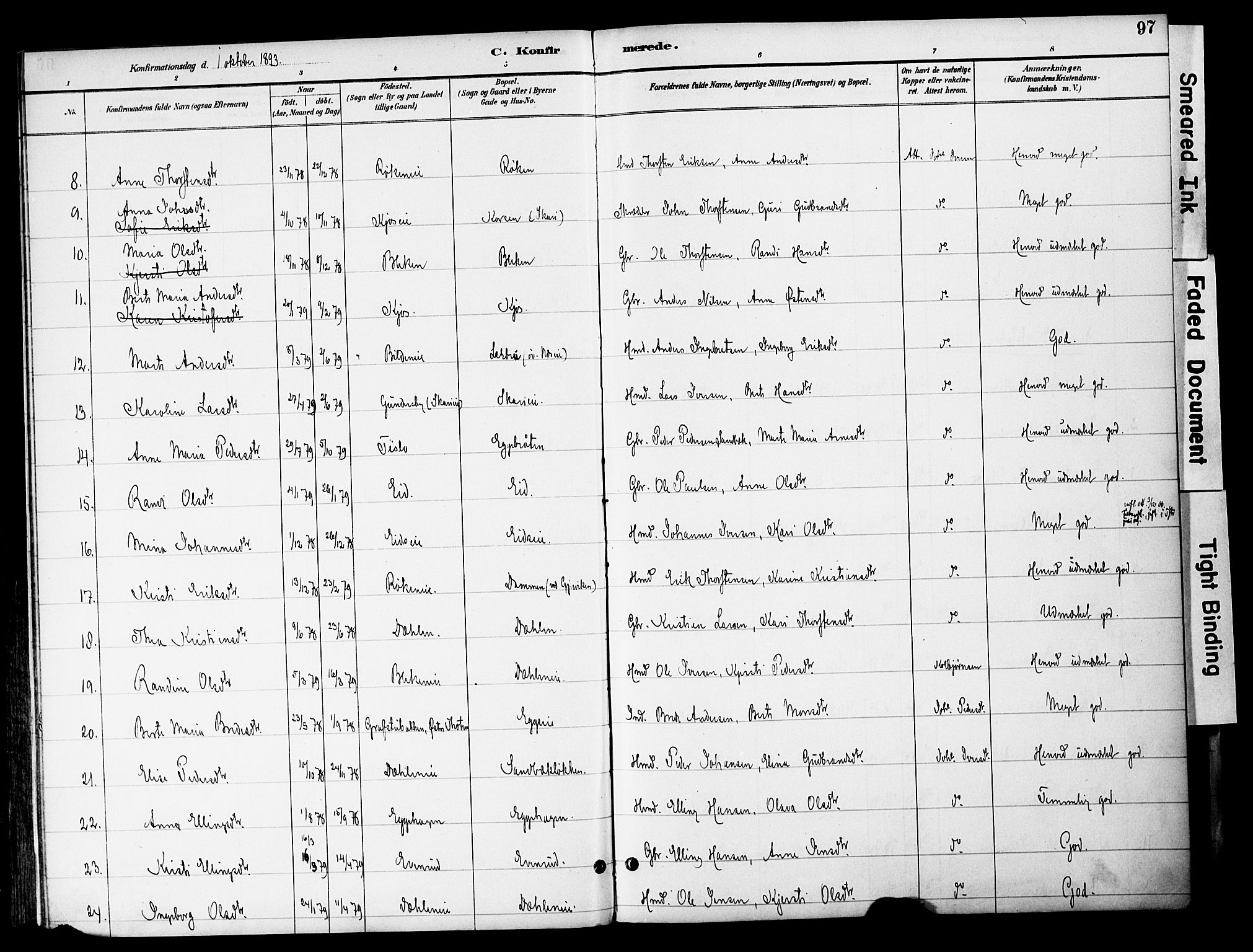 Gran prestekontor, AV/SAH-PREST-112/H/Ha/Haa/L0020: Parish register (official) no. 20, 1889-1899, p. 97