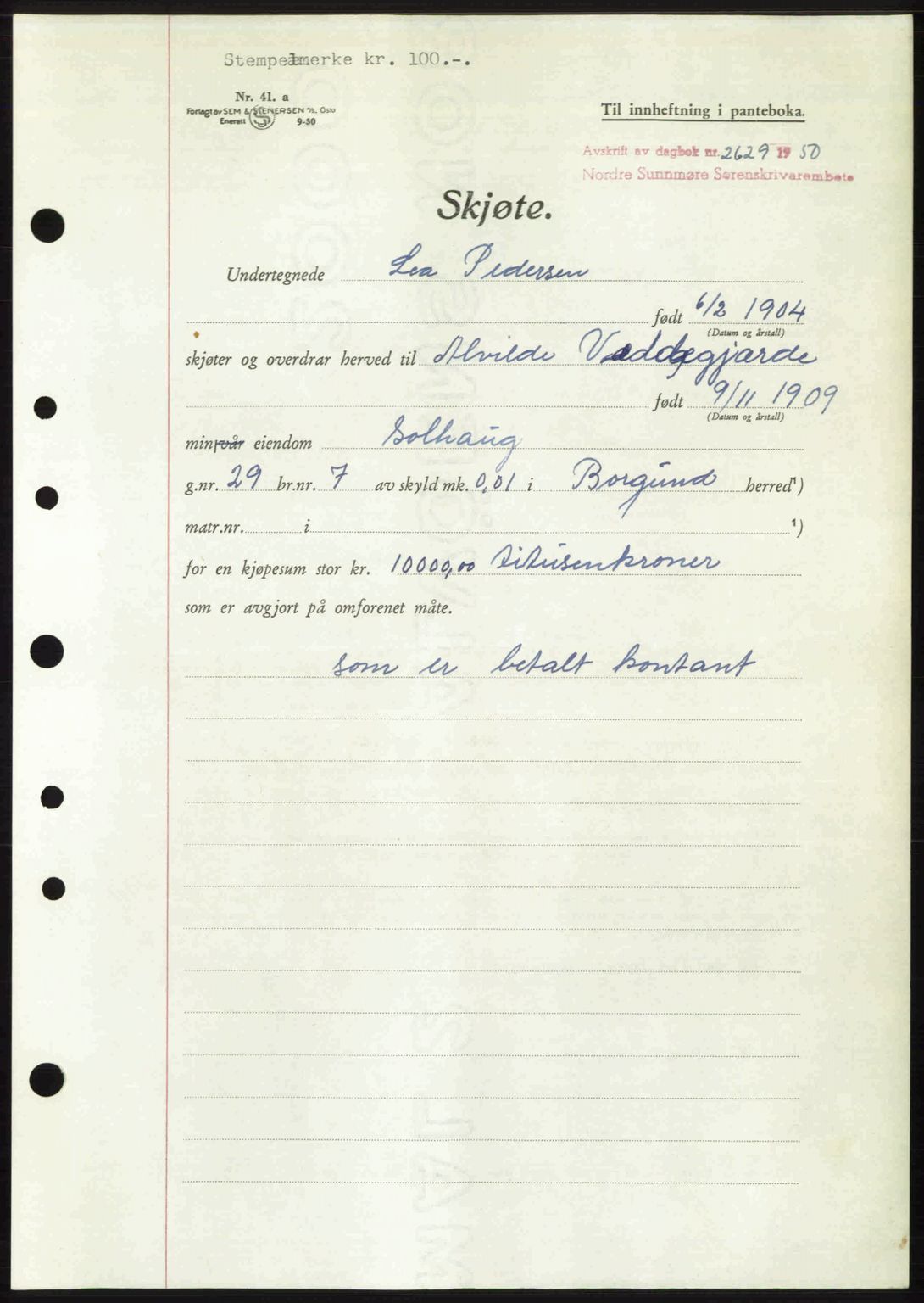 Nordre Sunnmøre sorenskriveri, SAT/A-0006/1/2/2C/2Ca: Mortgage book no. A36, 1950-1950, Diary no: : 2629/1950