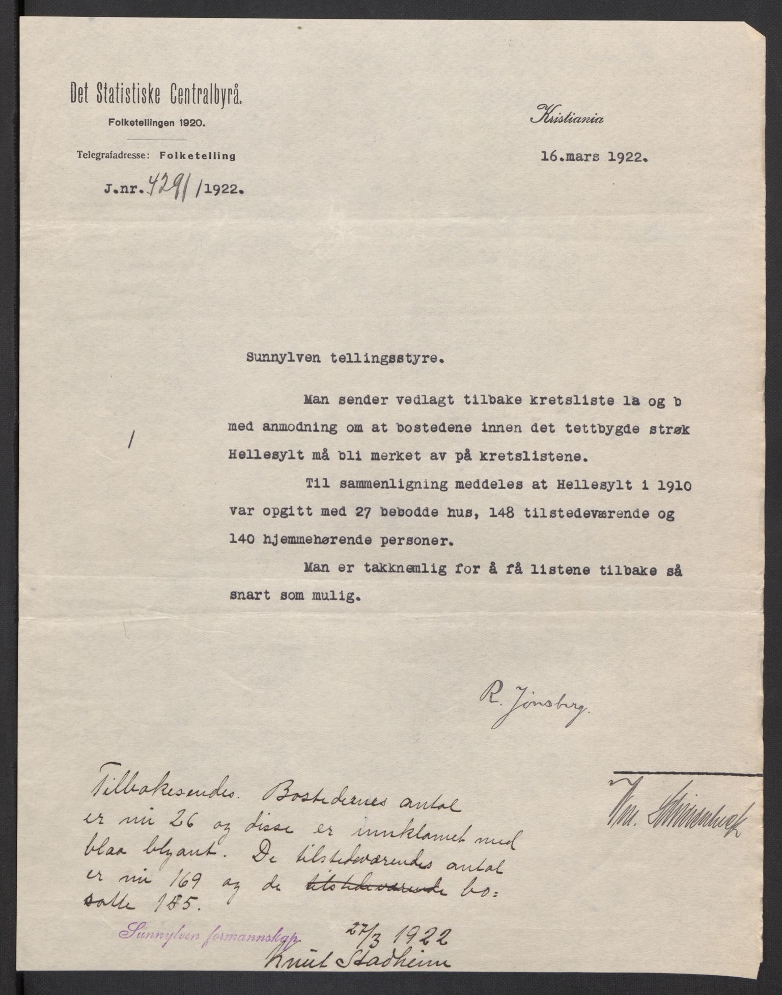 SAT, 1920 census for Sunnylven, 1920, p. 10