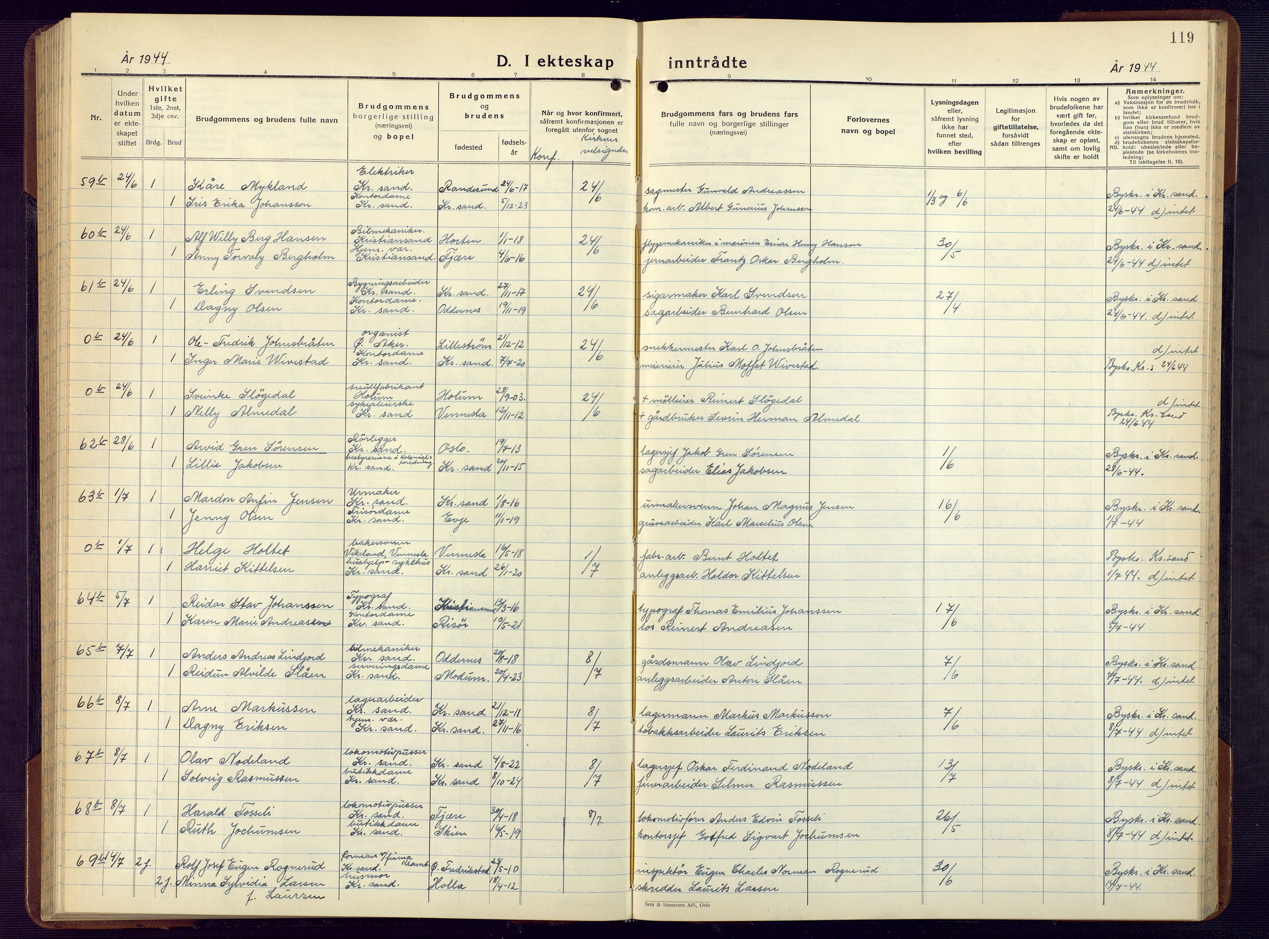 Kristiansand domprosti, AV/SAK-1112-0006/F/Fb/L0029: Parish register (copy) no. B 29, 1937-1945, p. 119