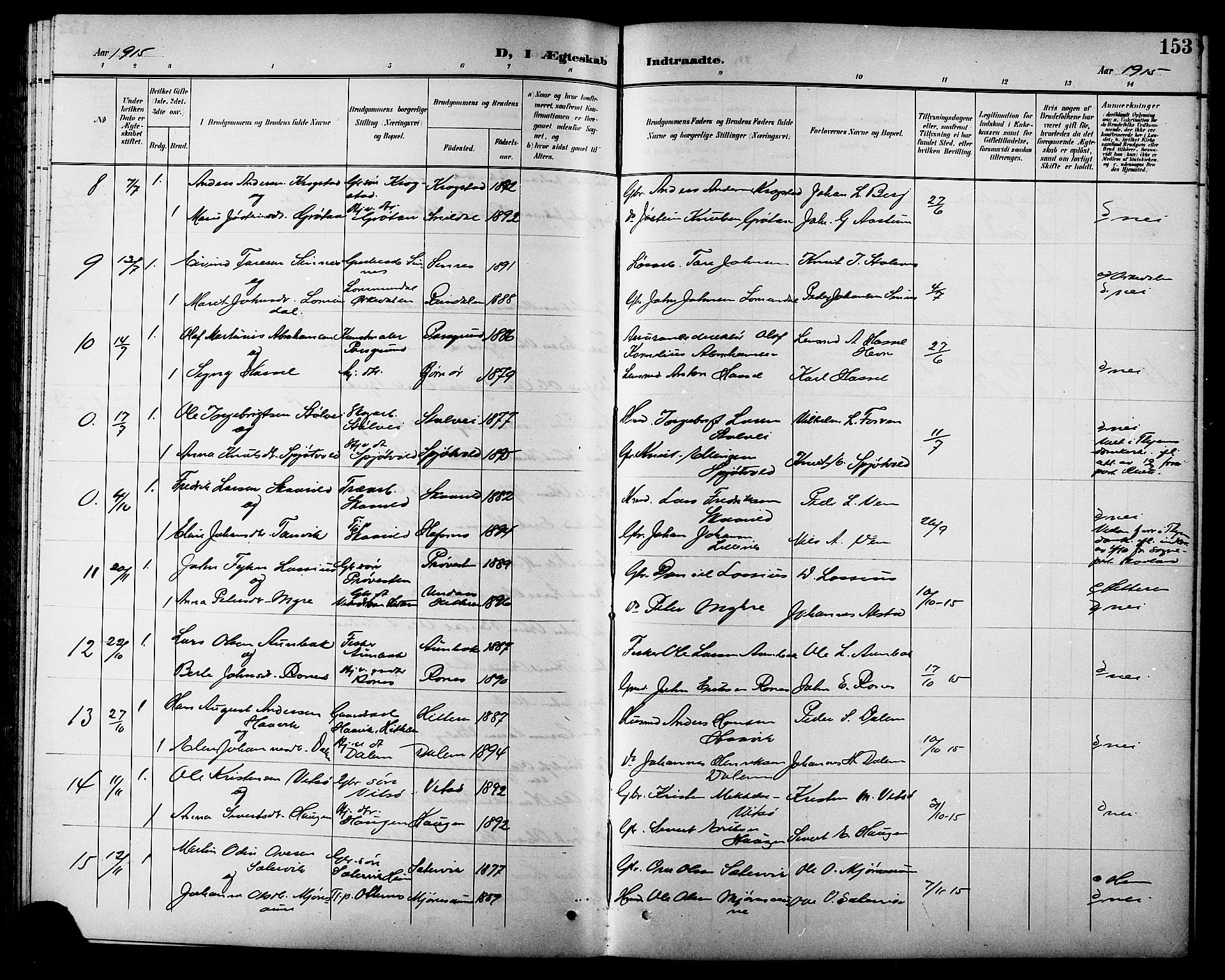 Ministerialprotokoller, klokkerbøker og fødselsregistre - Sør-Trøndelag, AV/SAT-A-1456/630/L0505: Parish register (copy) no. 630C03, 1899-1914, p. 153