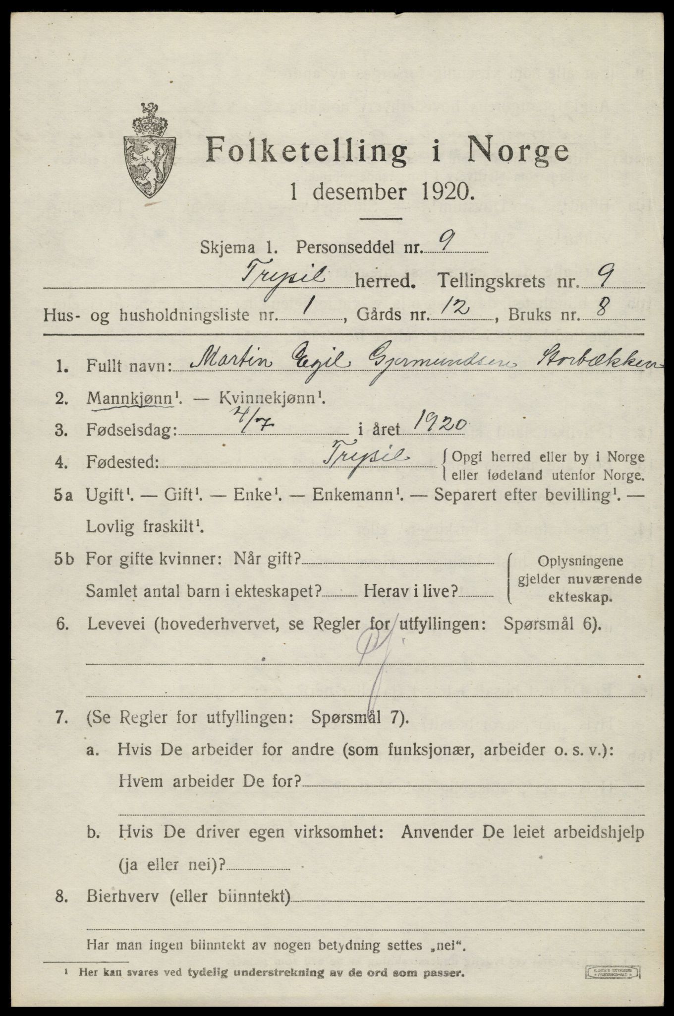 SAH, 1920 census for Trysil, 1920, p. 6571