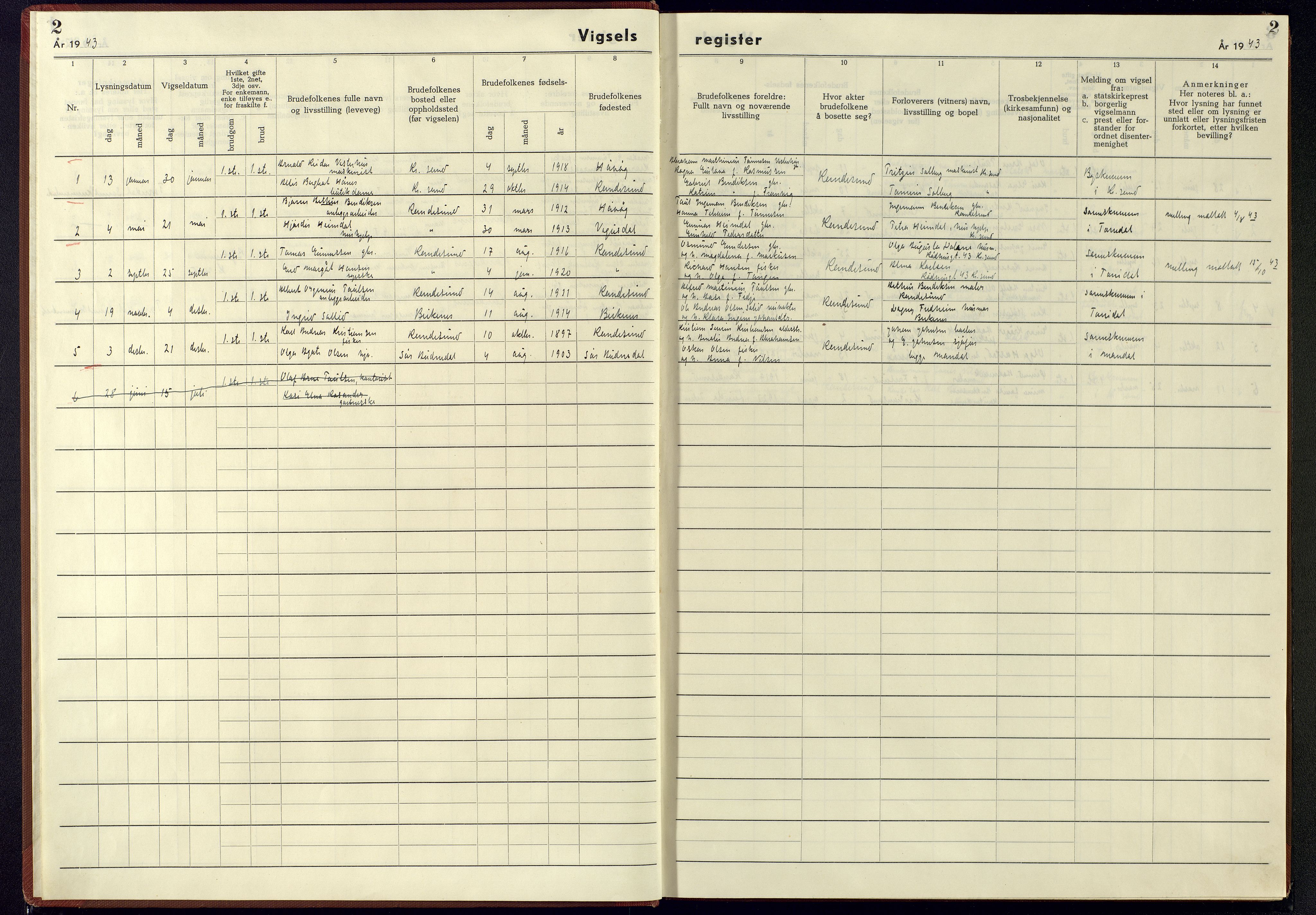 Oddernes sokneprestkontor, SAK/1111-0033/J/Jb/L0006: Marriage register no. 6, 1942-1945, p. 2