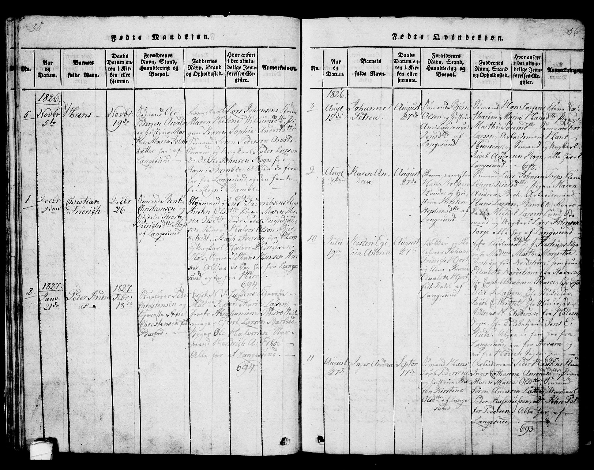 Langesund kirkebøker, SAKO/A-280/G/Ga/L0003: Parish register (copy) no. 3, 1815-1858, p. 55-56