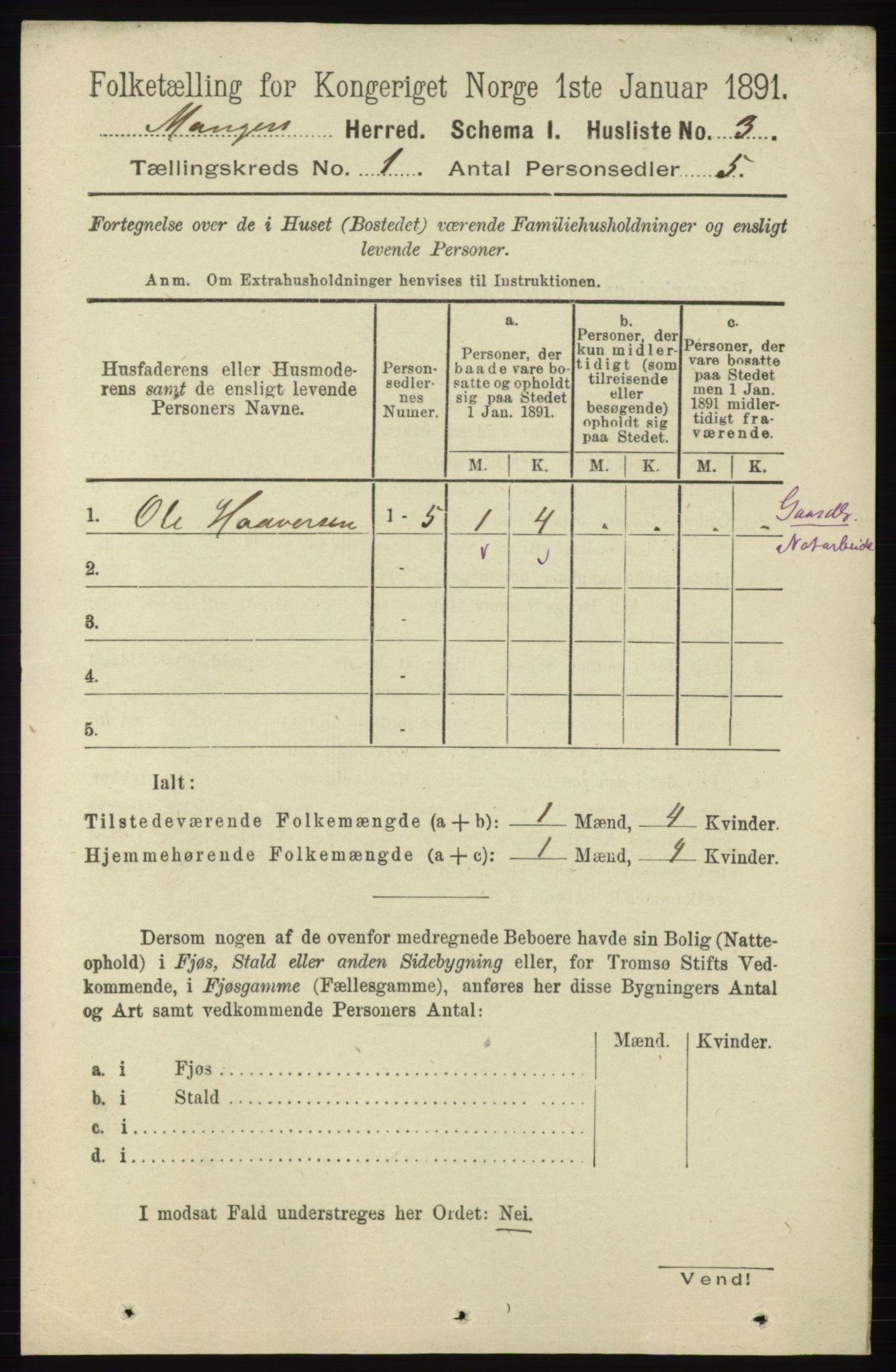 RA, 1891 census for 1261 Manger, 1891, p. 38